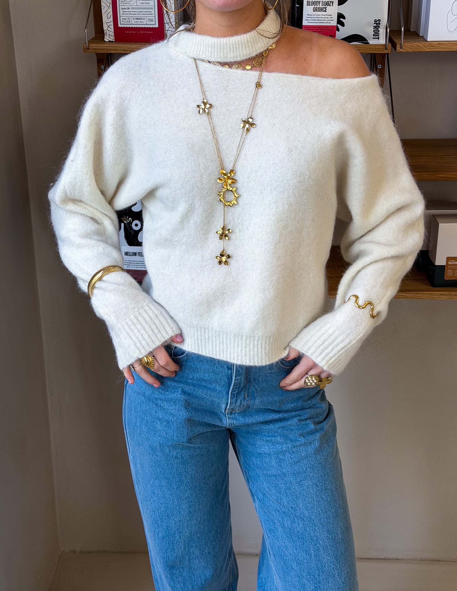Stevie Open Shoulder Sweater White