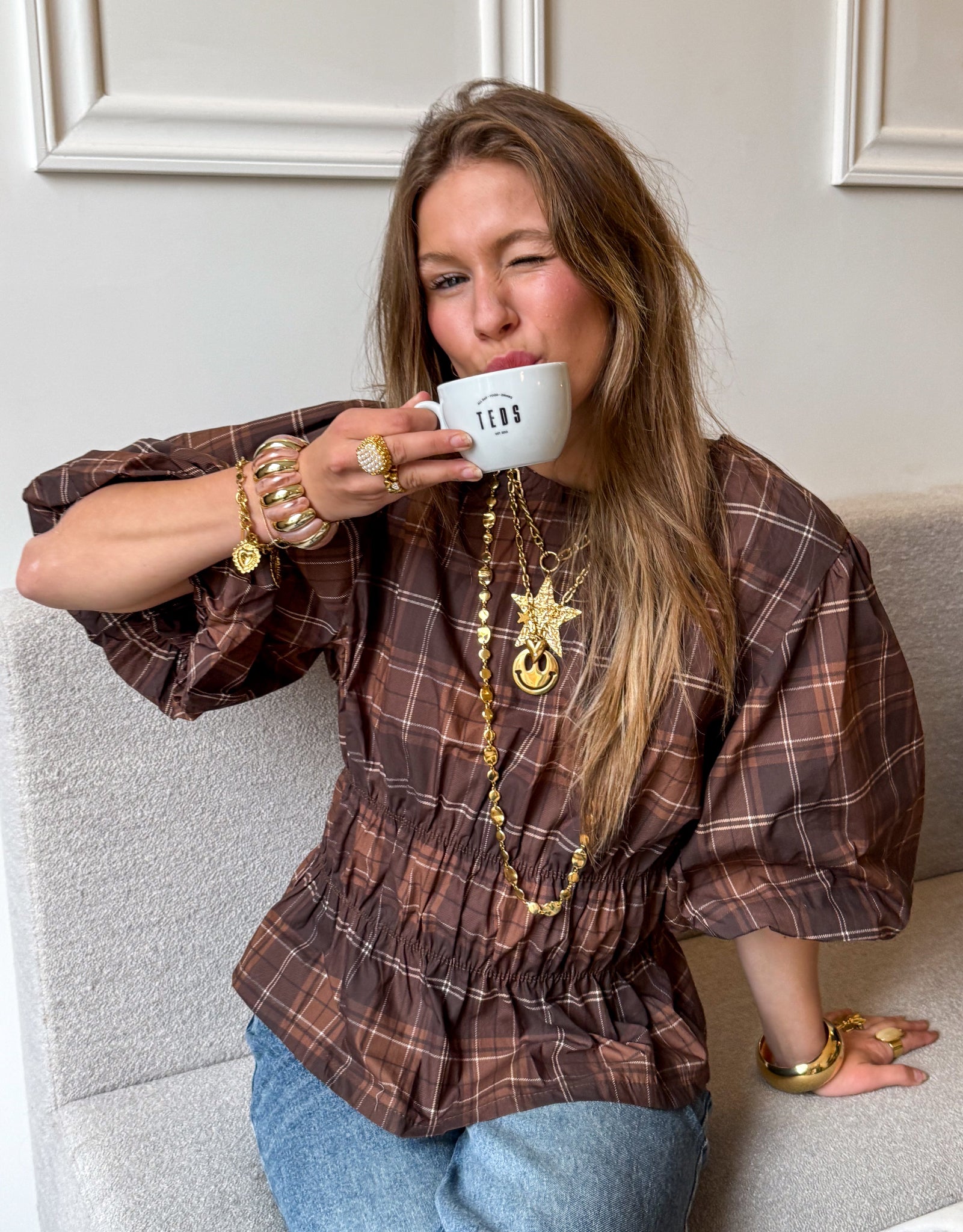 Blush Top Checkered Brown