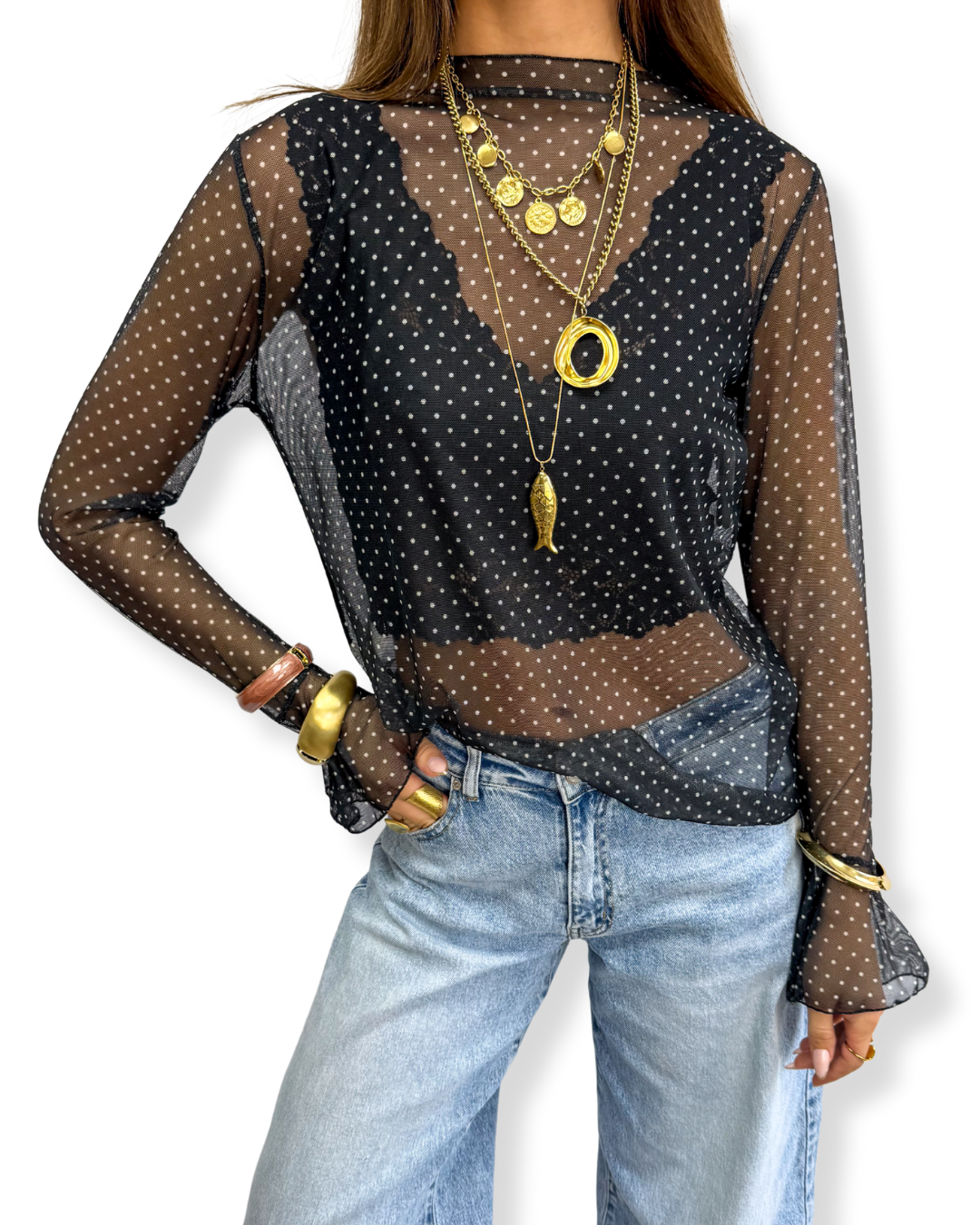 Jomé Mesh Top Dots Black
