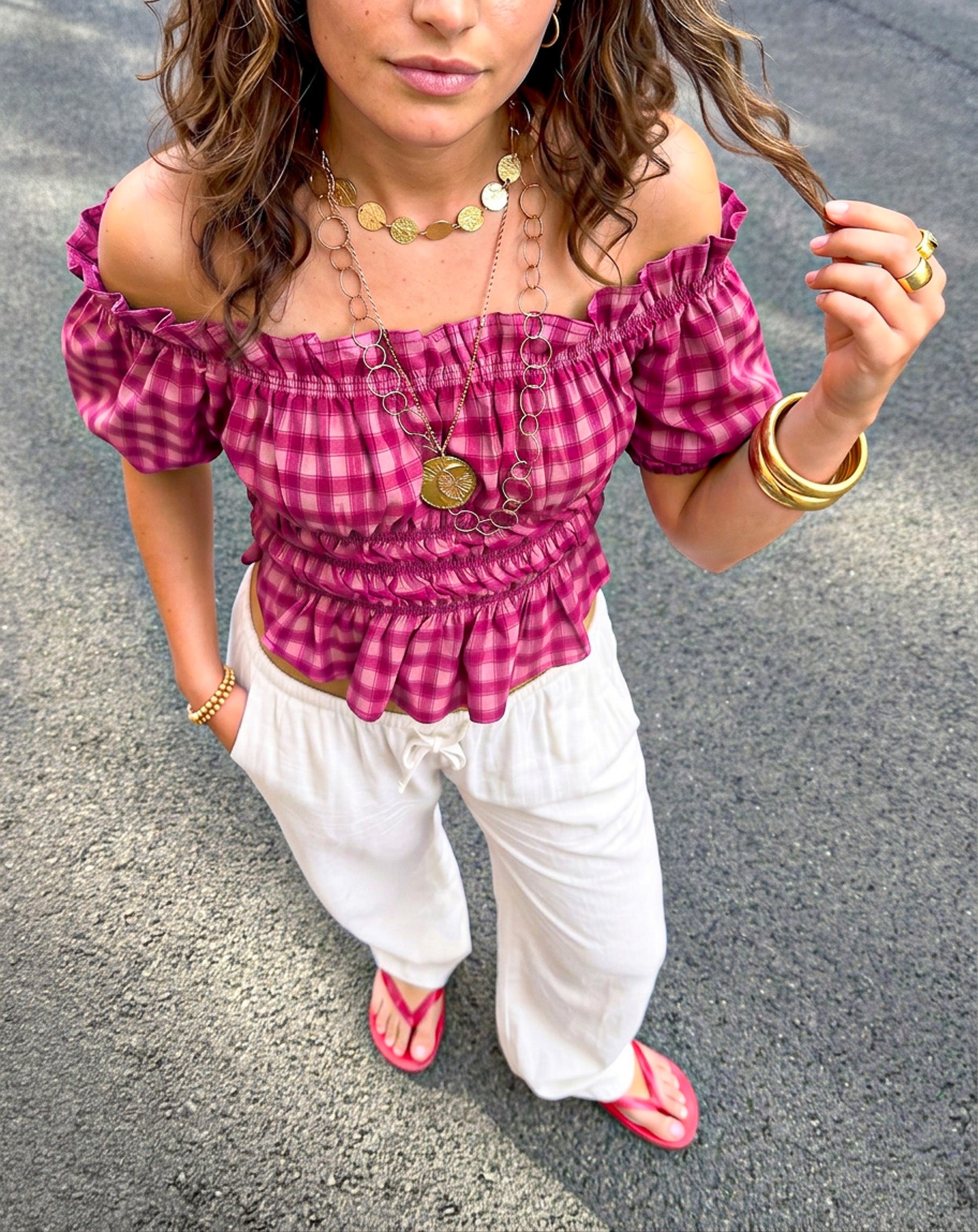 Lien Geruite Top Bordeaux Roze