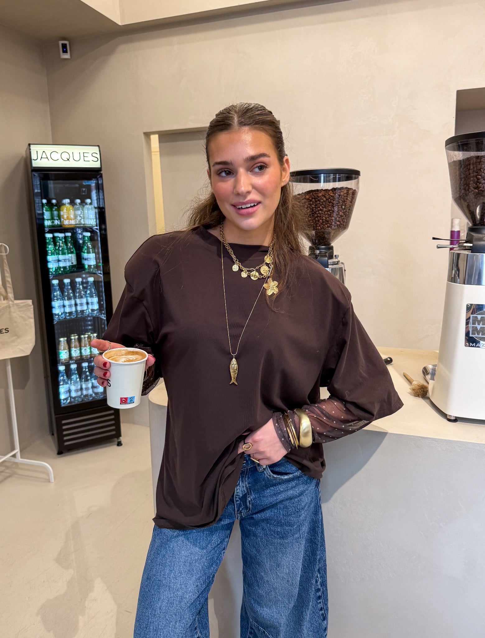 Maura Oversized T-Shirt Brown Dots Sleeves