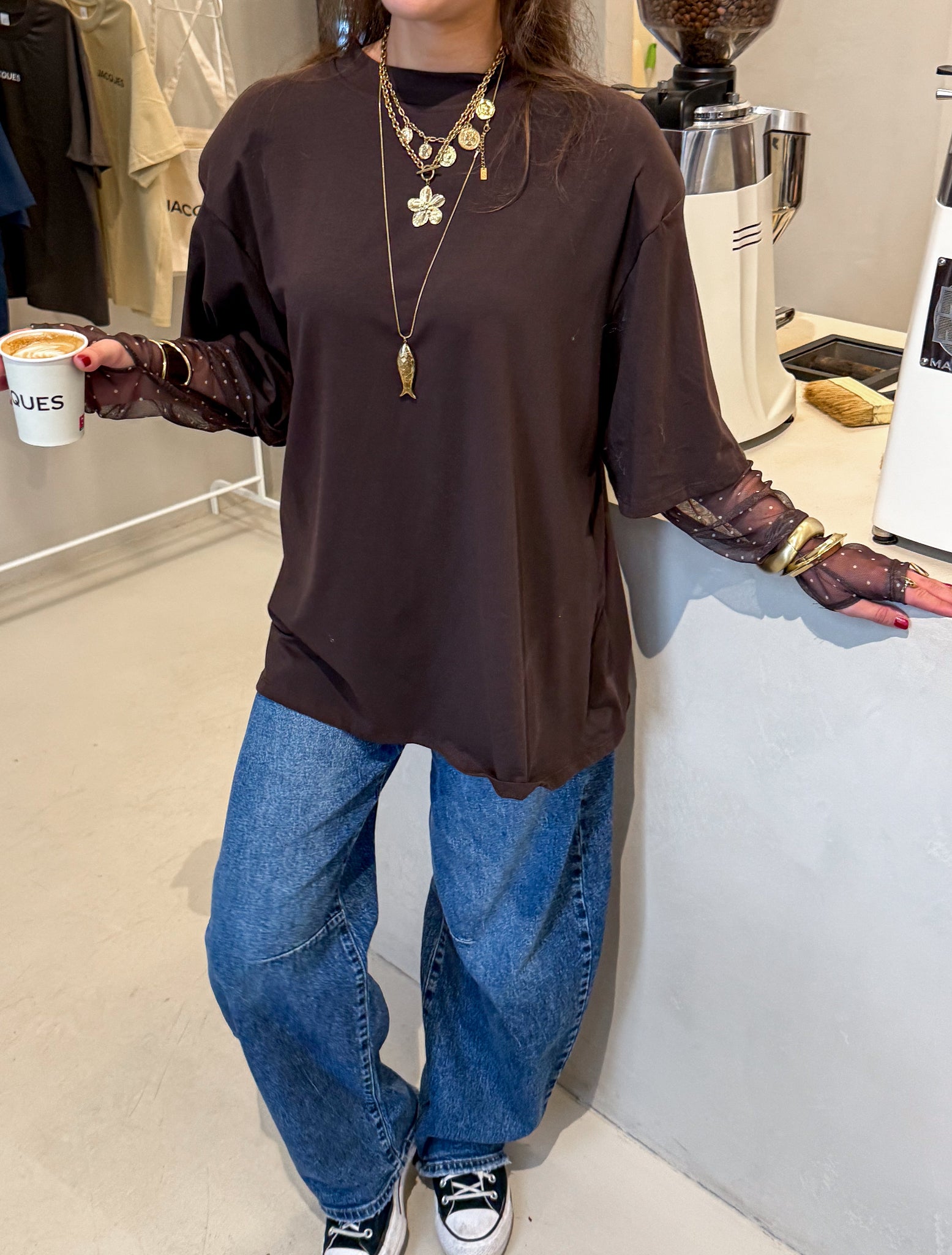 Maura Oversized T-Shirt Brown Dots Sleeves