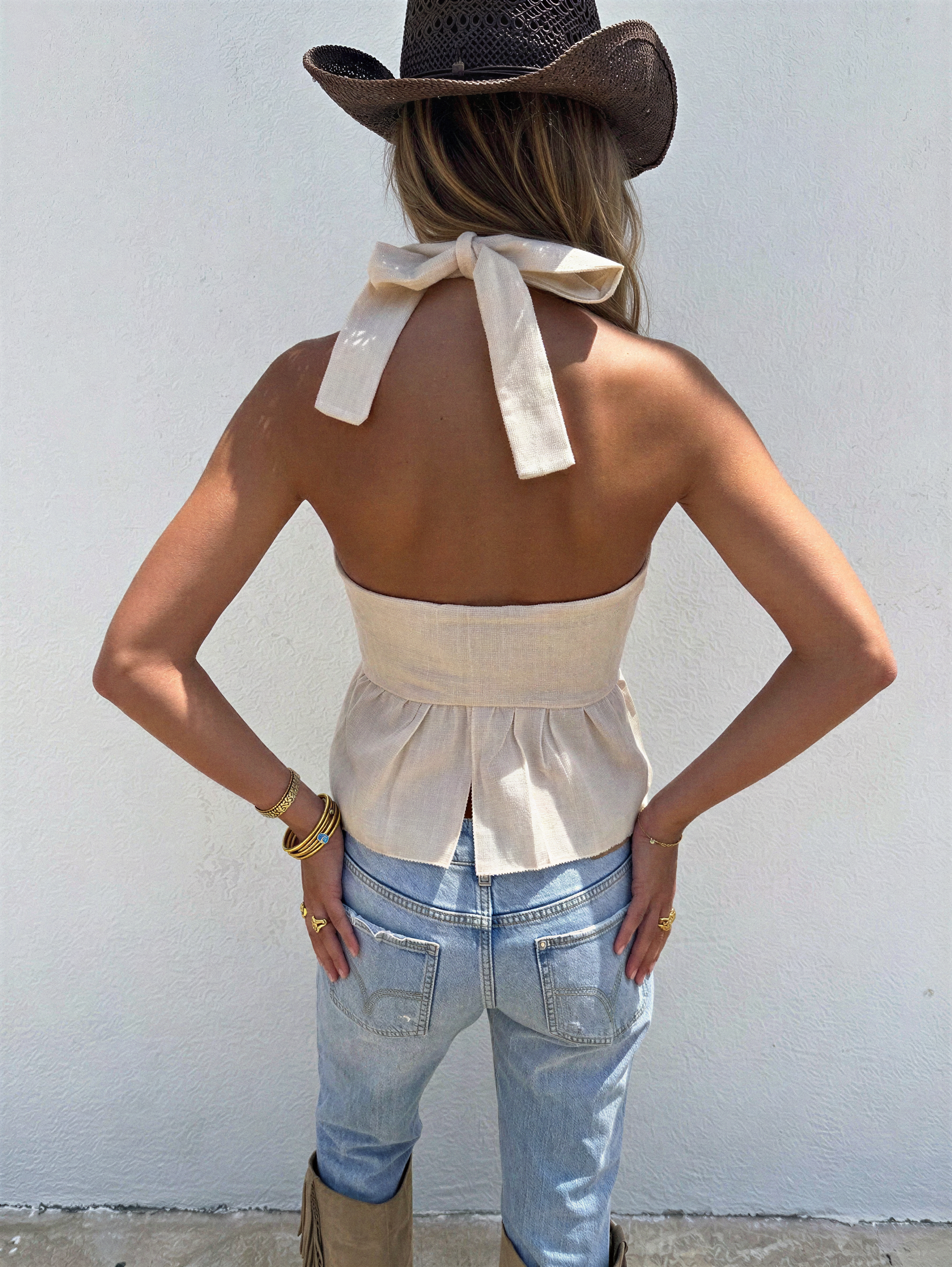 Moos Halter Wrap Top Beige