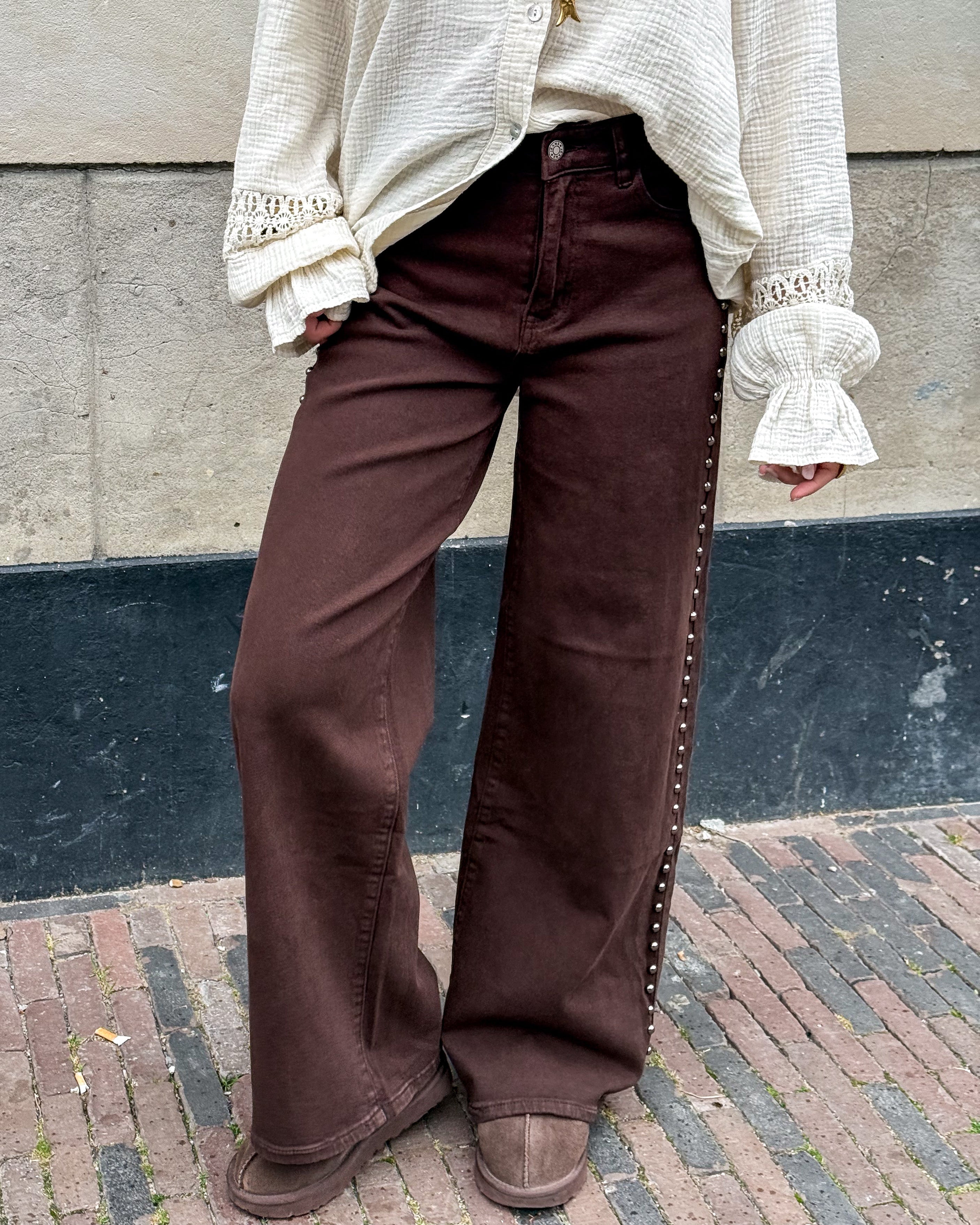 Naomi Studs Wide Leg Jeans Brown