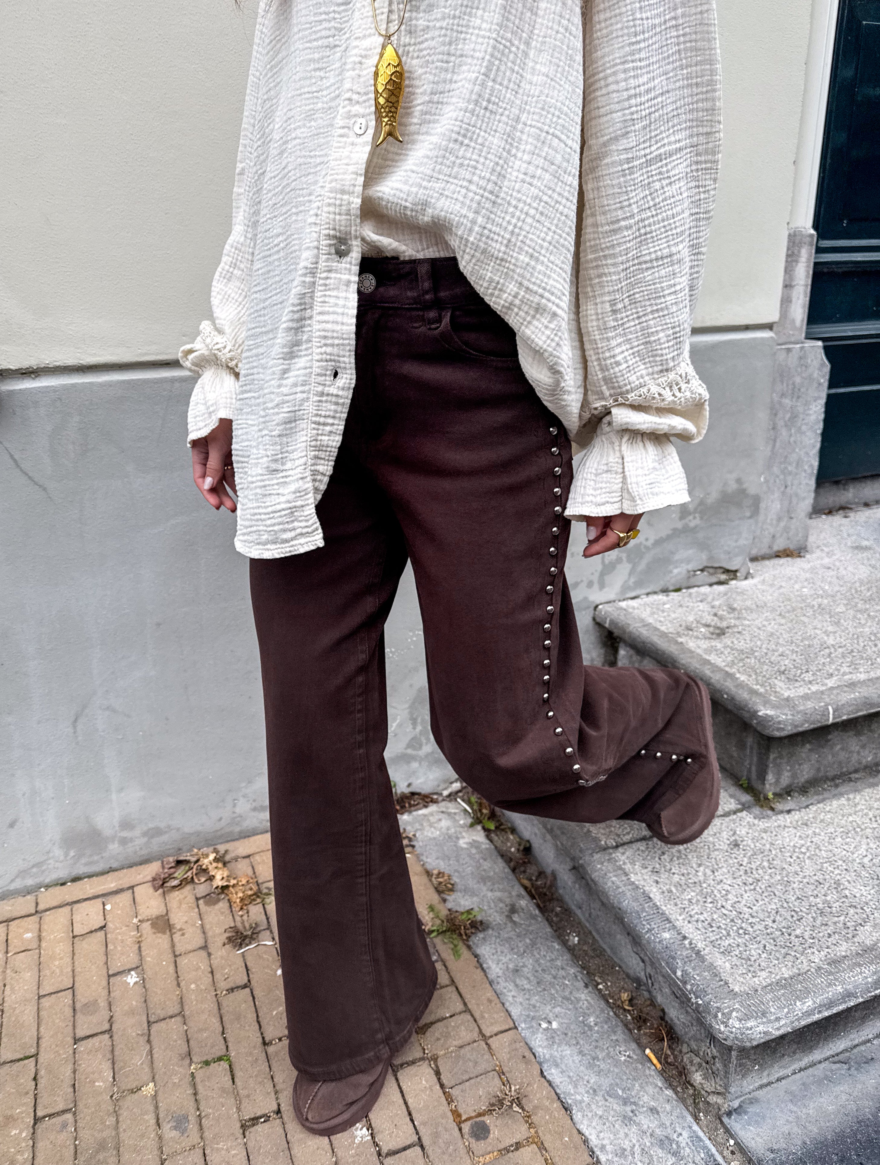 Naomi Studs Wide Leg Jeans Brown