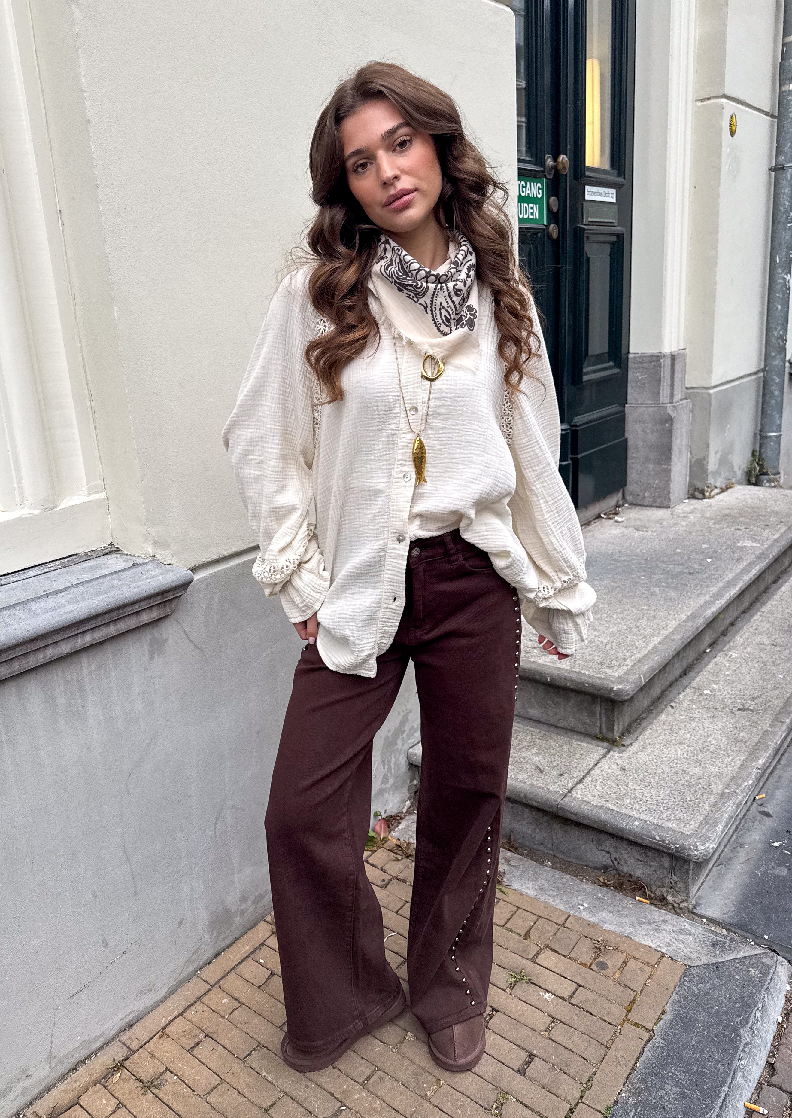 Naomi Studs Wide Leg Jeans Brown