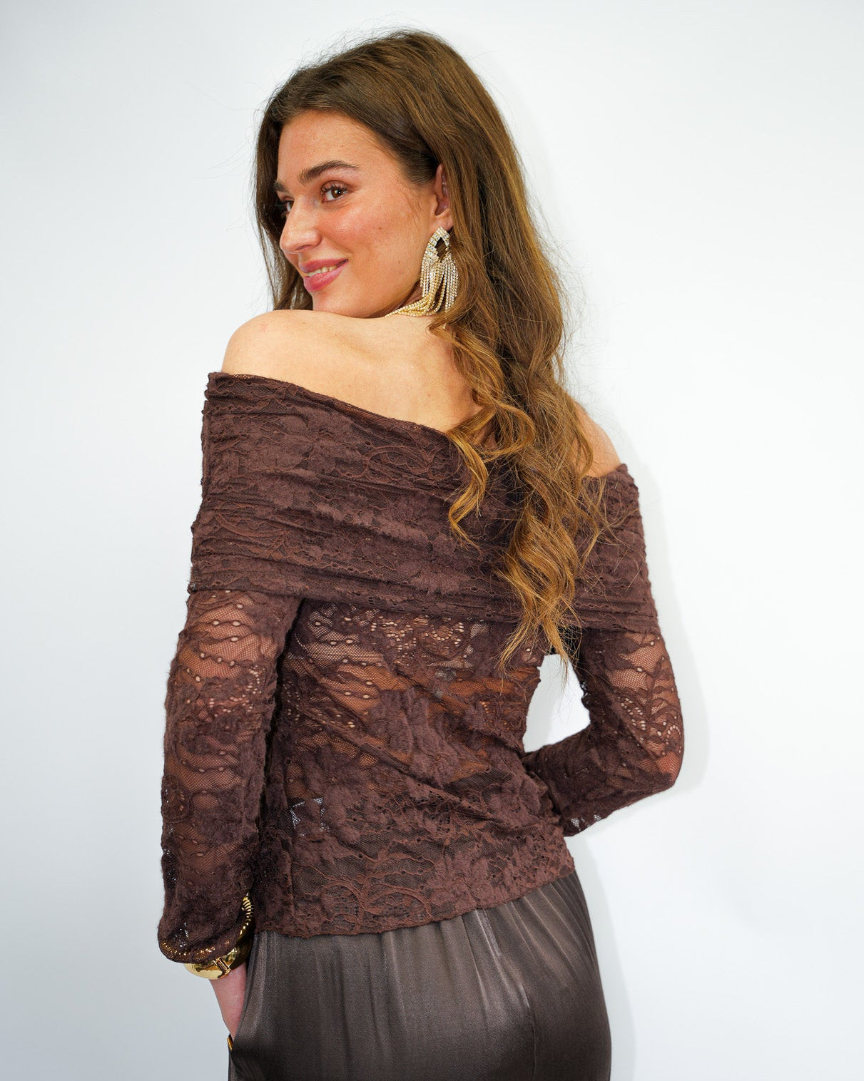 Off Shoulder Lace Top Brown