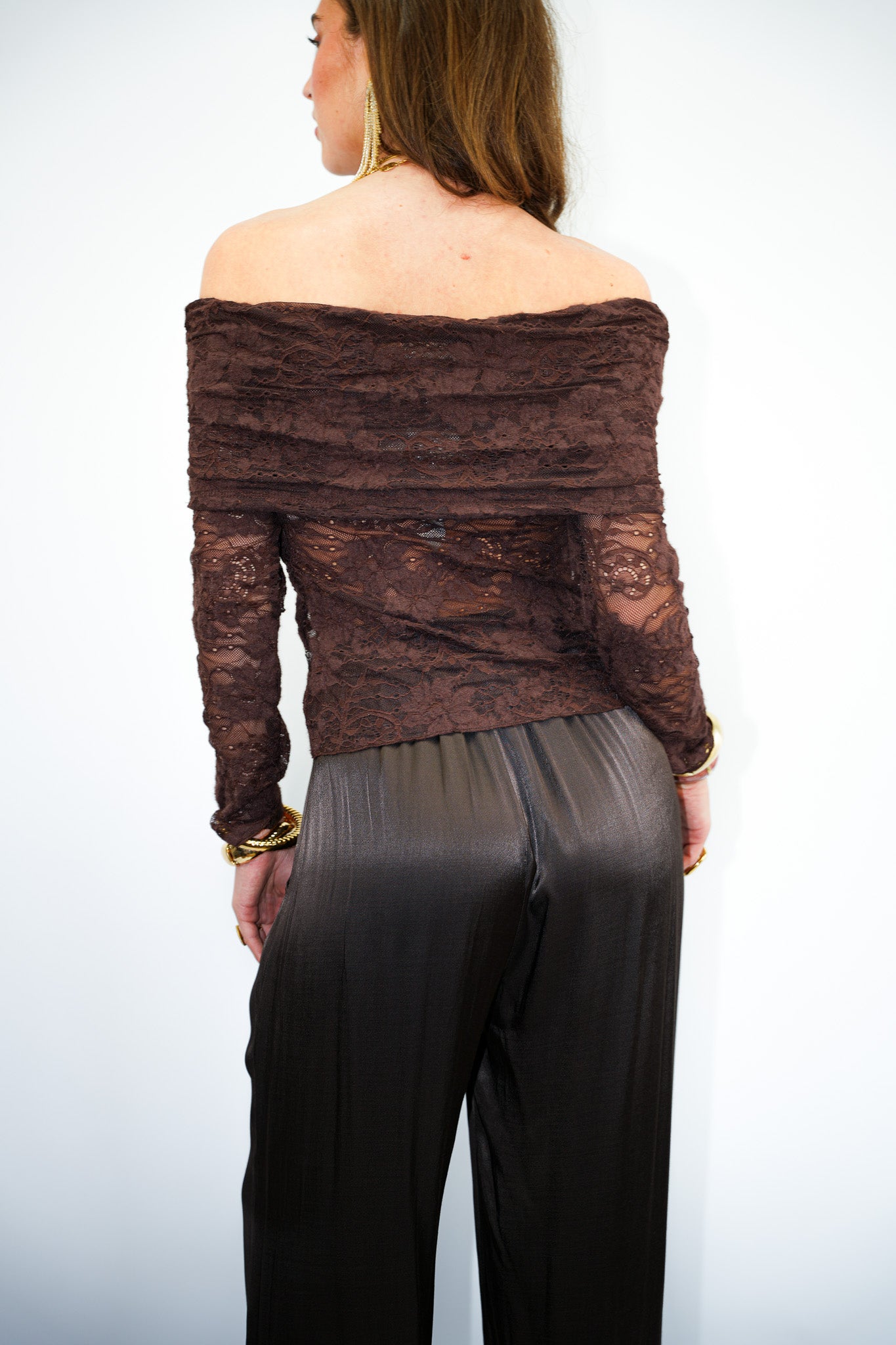 Off Shoulder Lace Top Brown