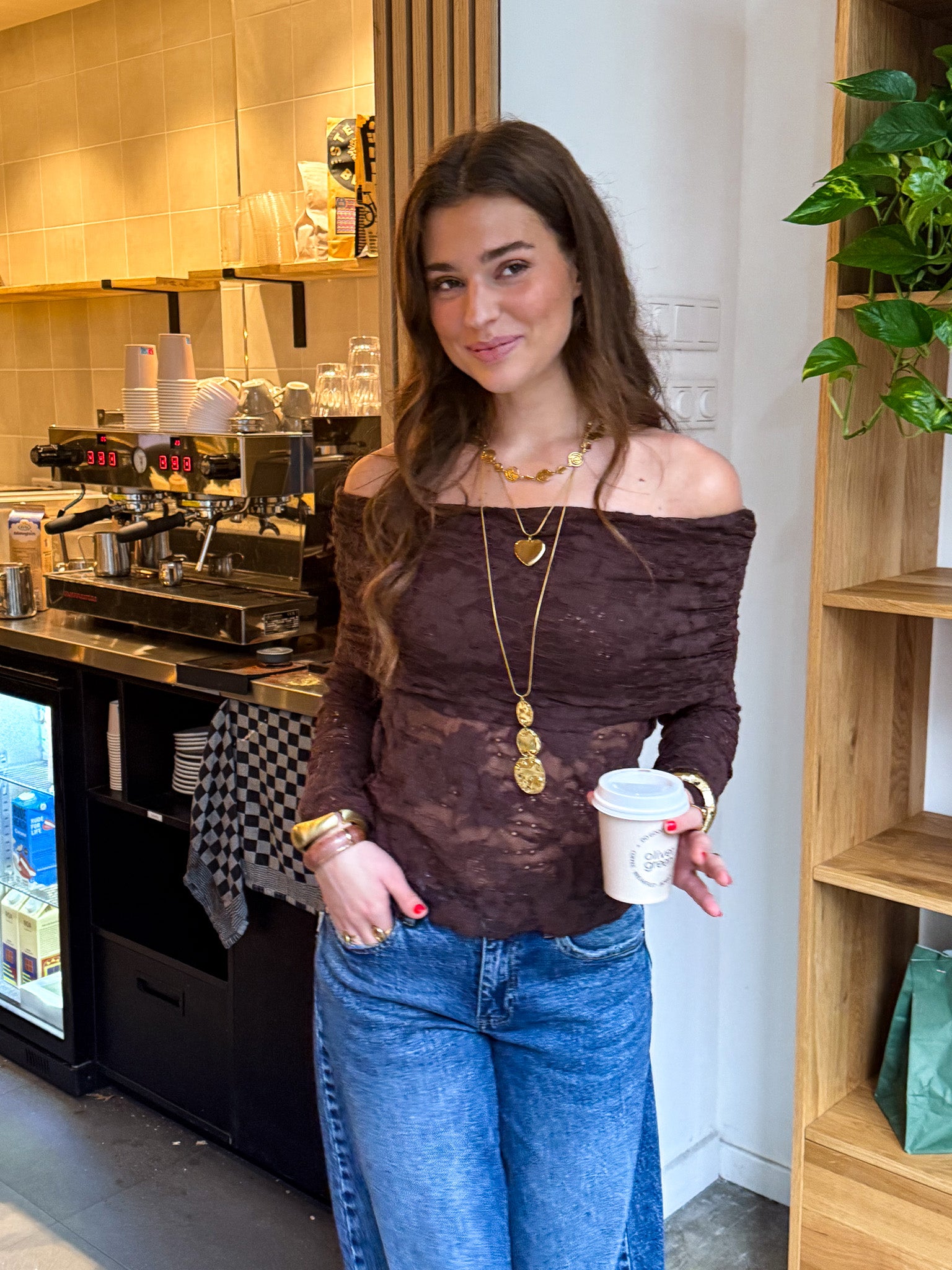 Off Shoulder Lace Top Brown