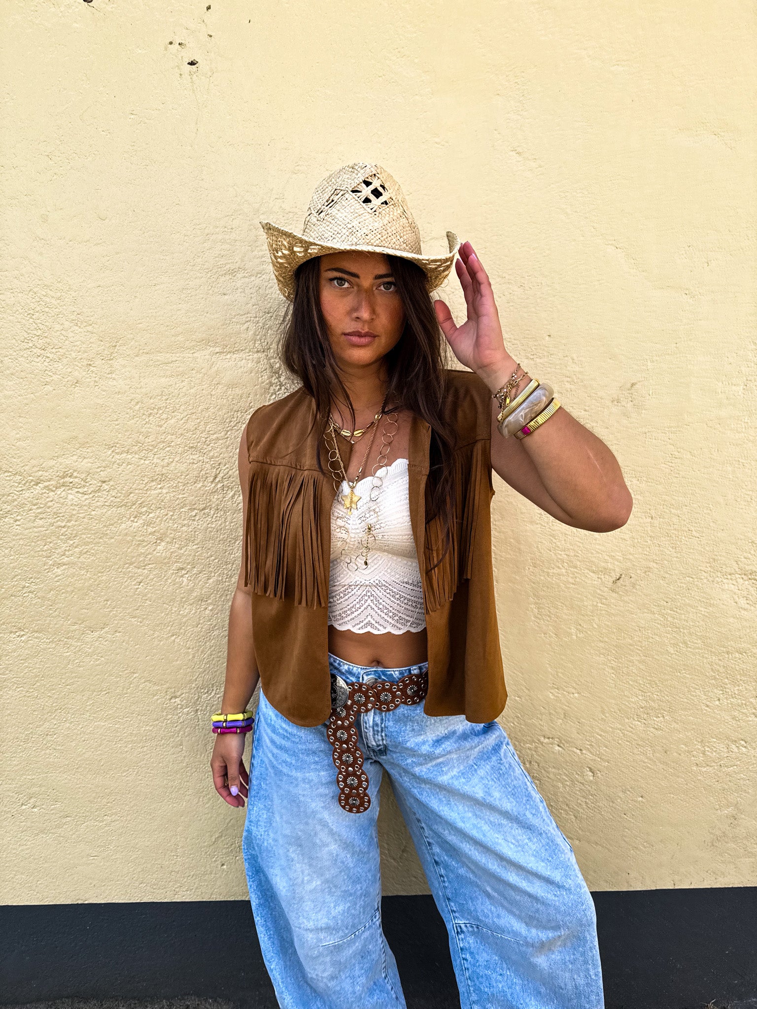 Gabriella Fringe Gilet Camel