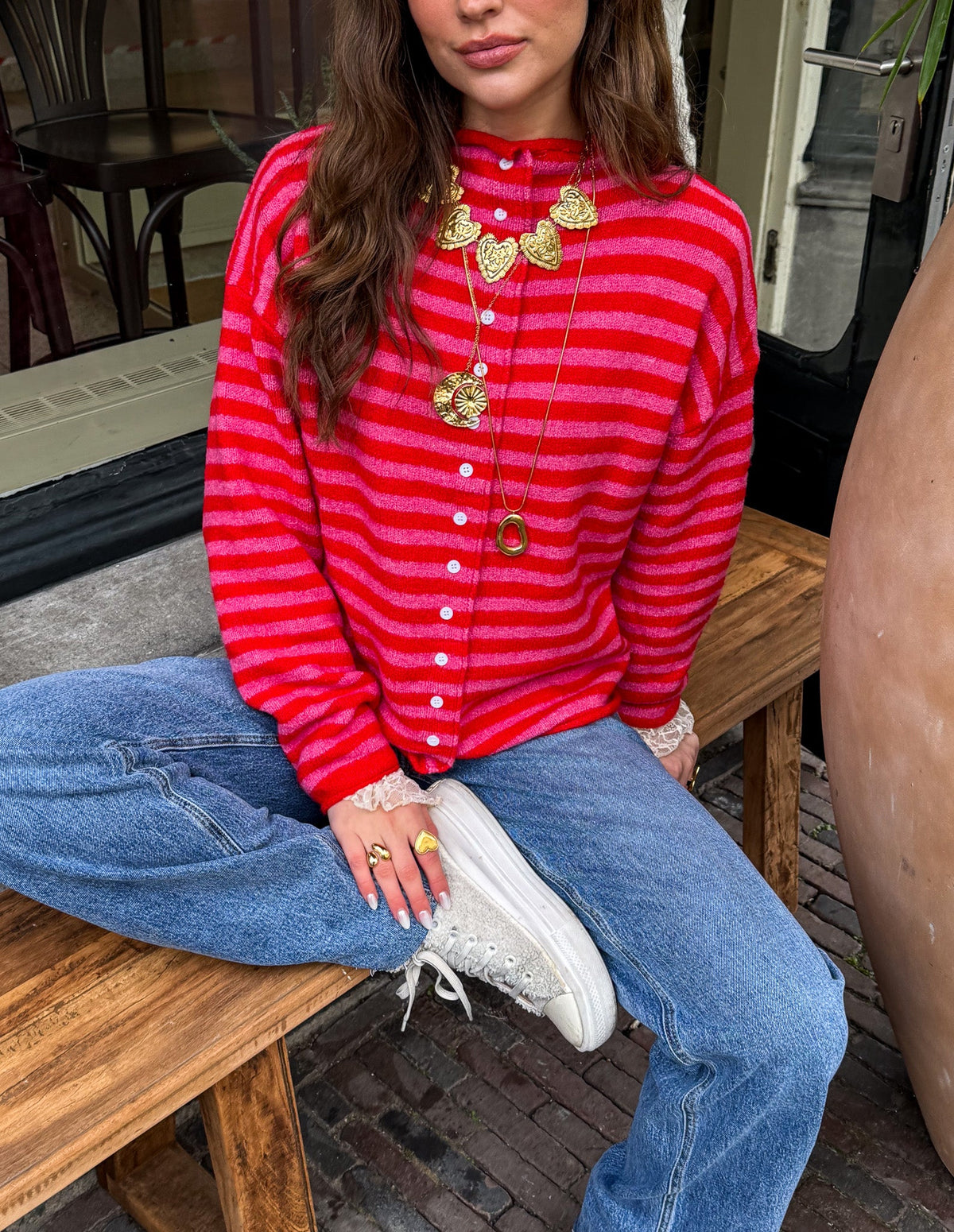 Serena Vest Gestreept | Red Pink