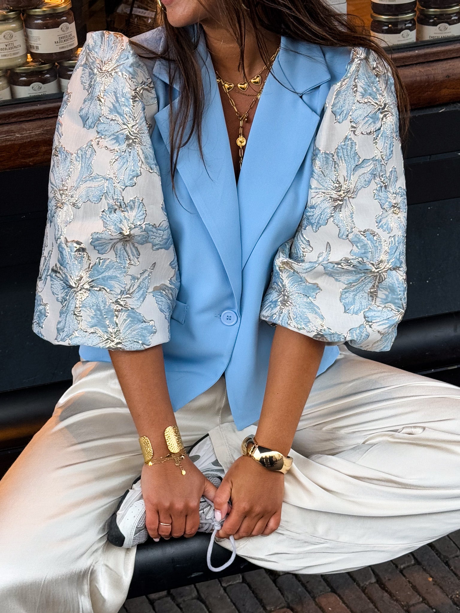 Ana Flower Sleeve Blazer Skye Blue