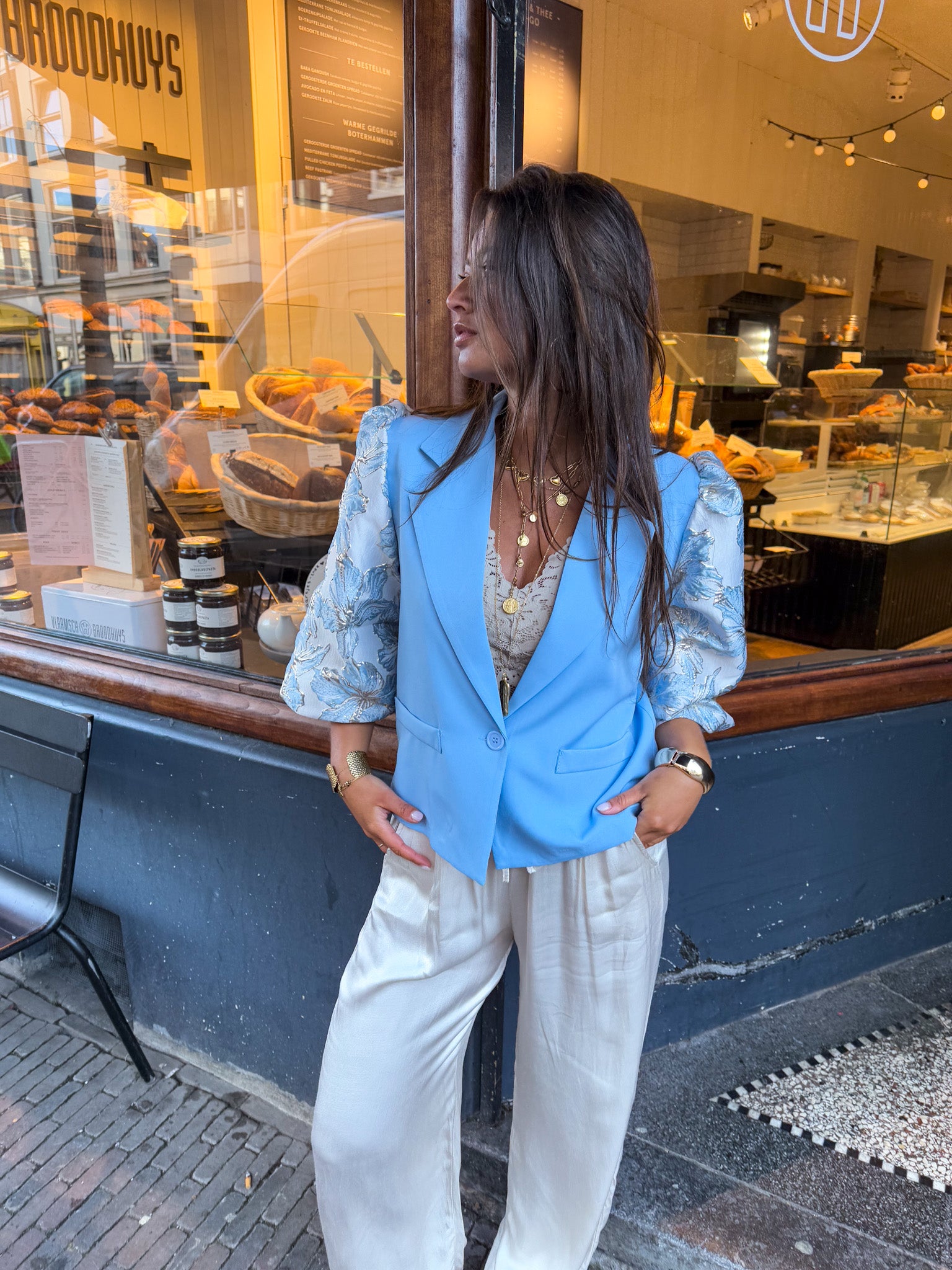 Ana Flower Sleeve Blazer Skye Blue