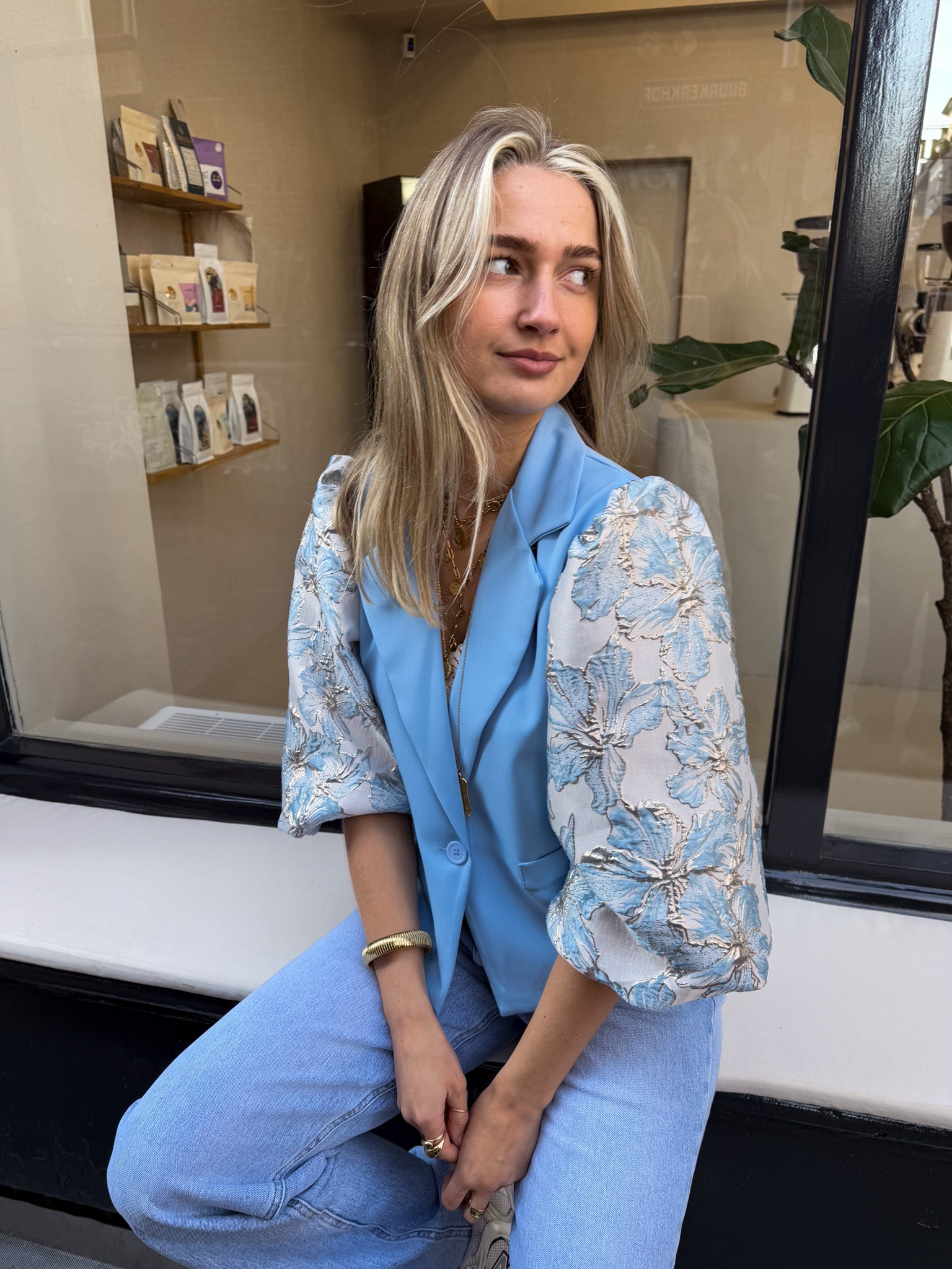 Ana Flower Sleeve Blazer Skye Blue
