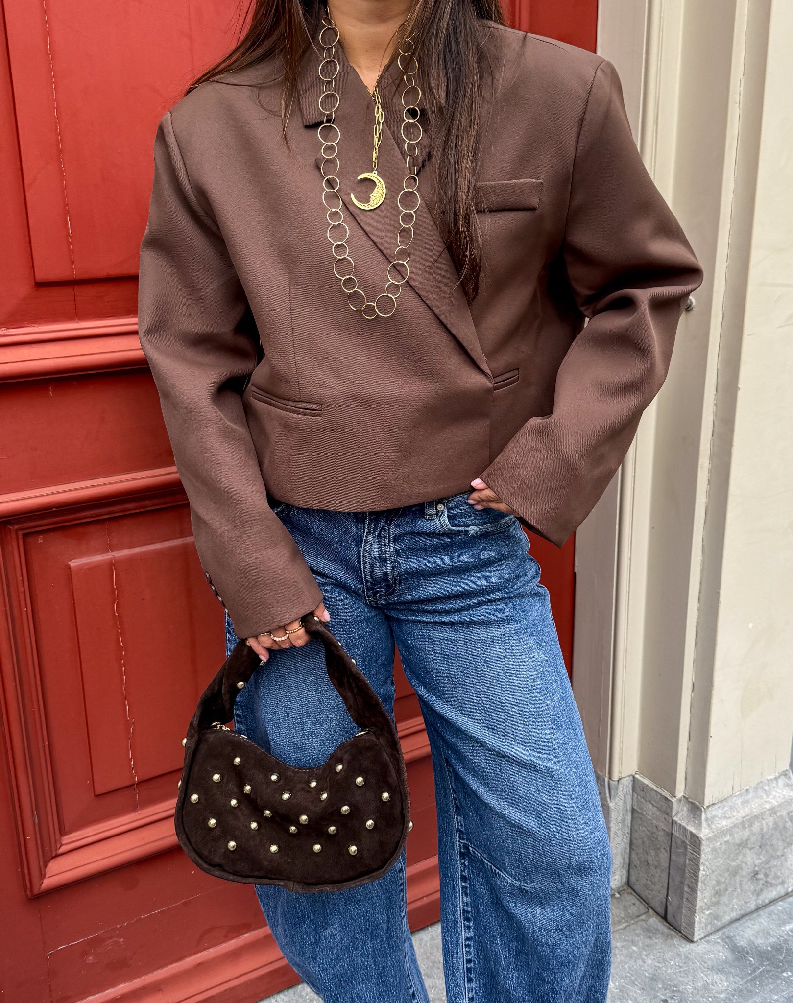 Boxy Cropped Blazer Brown