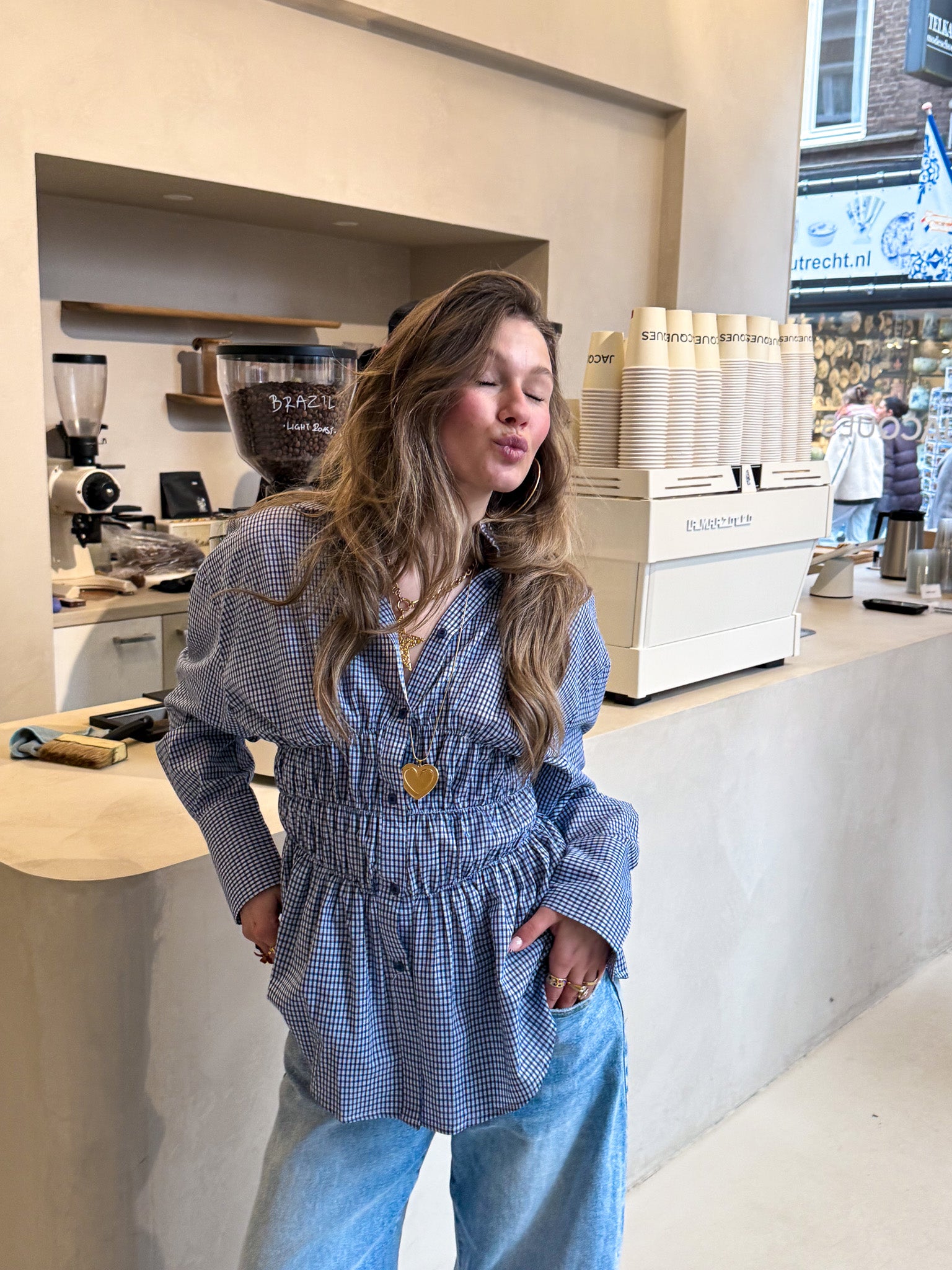 Brooks Geruite Blouse Navy