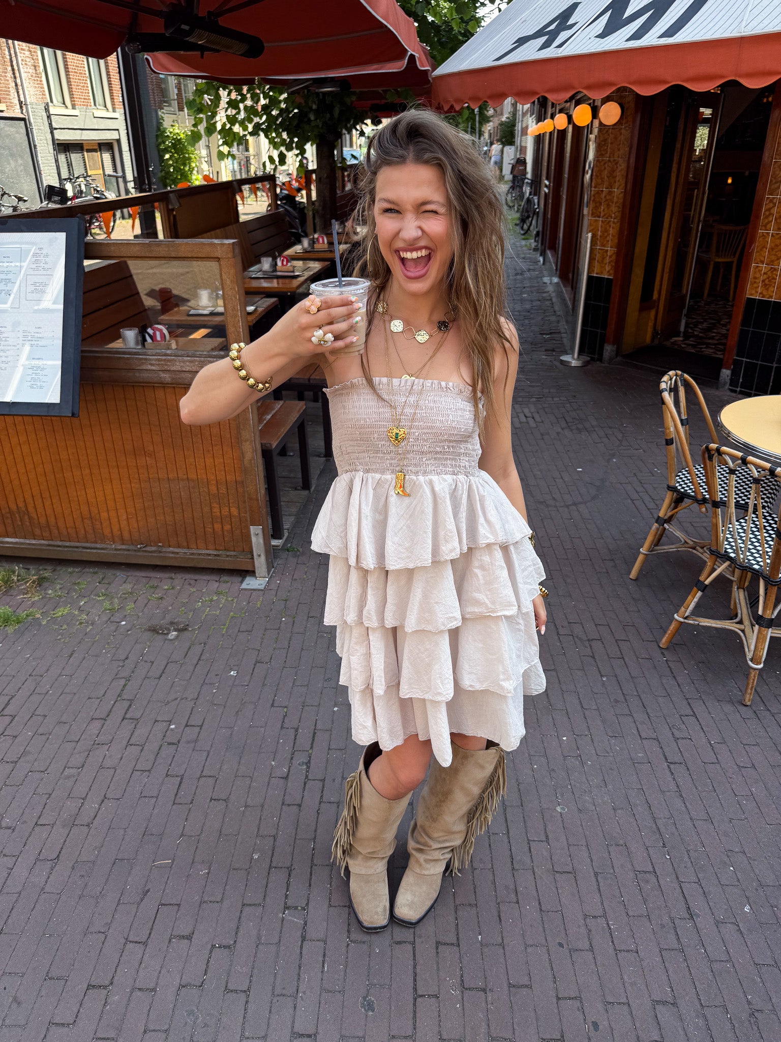 Dae Ruffle Dress Beige