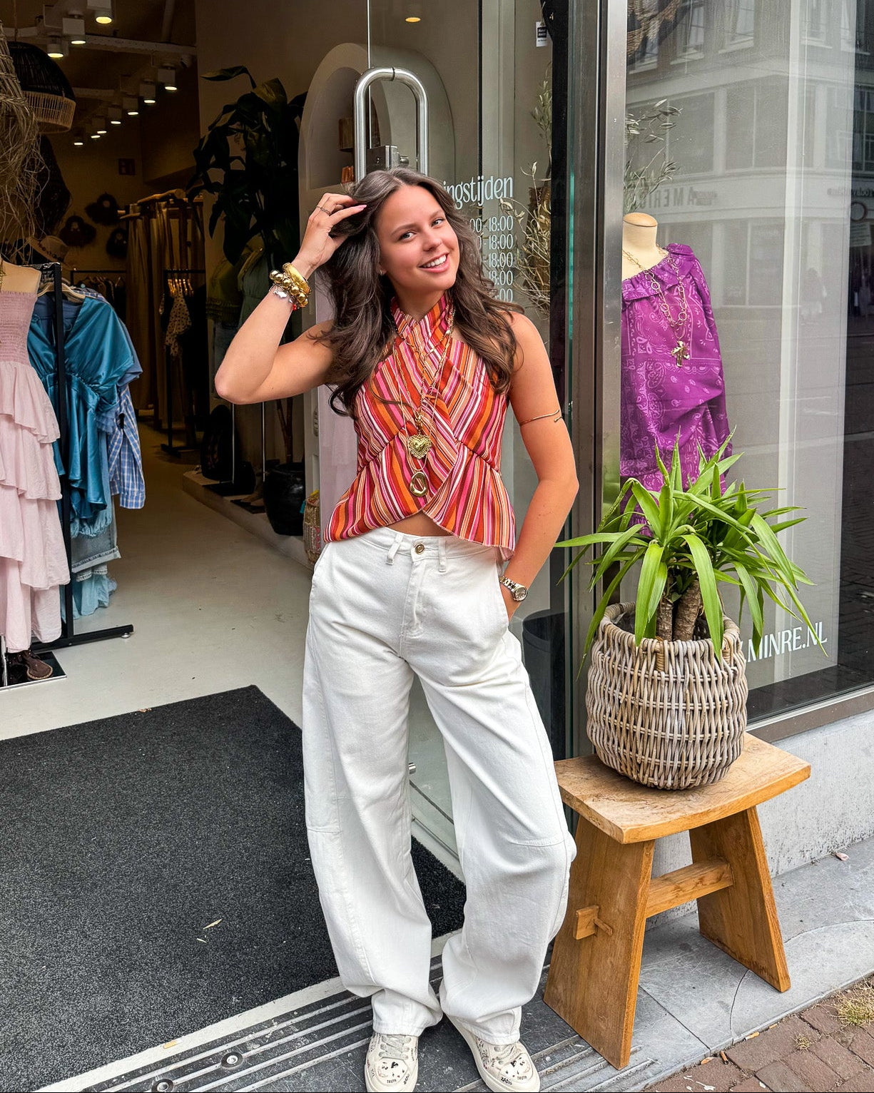 Moos Streep Halter Wrap Top Roze