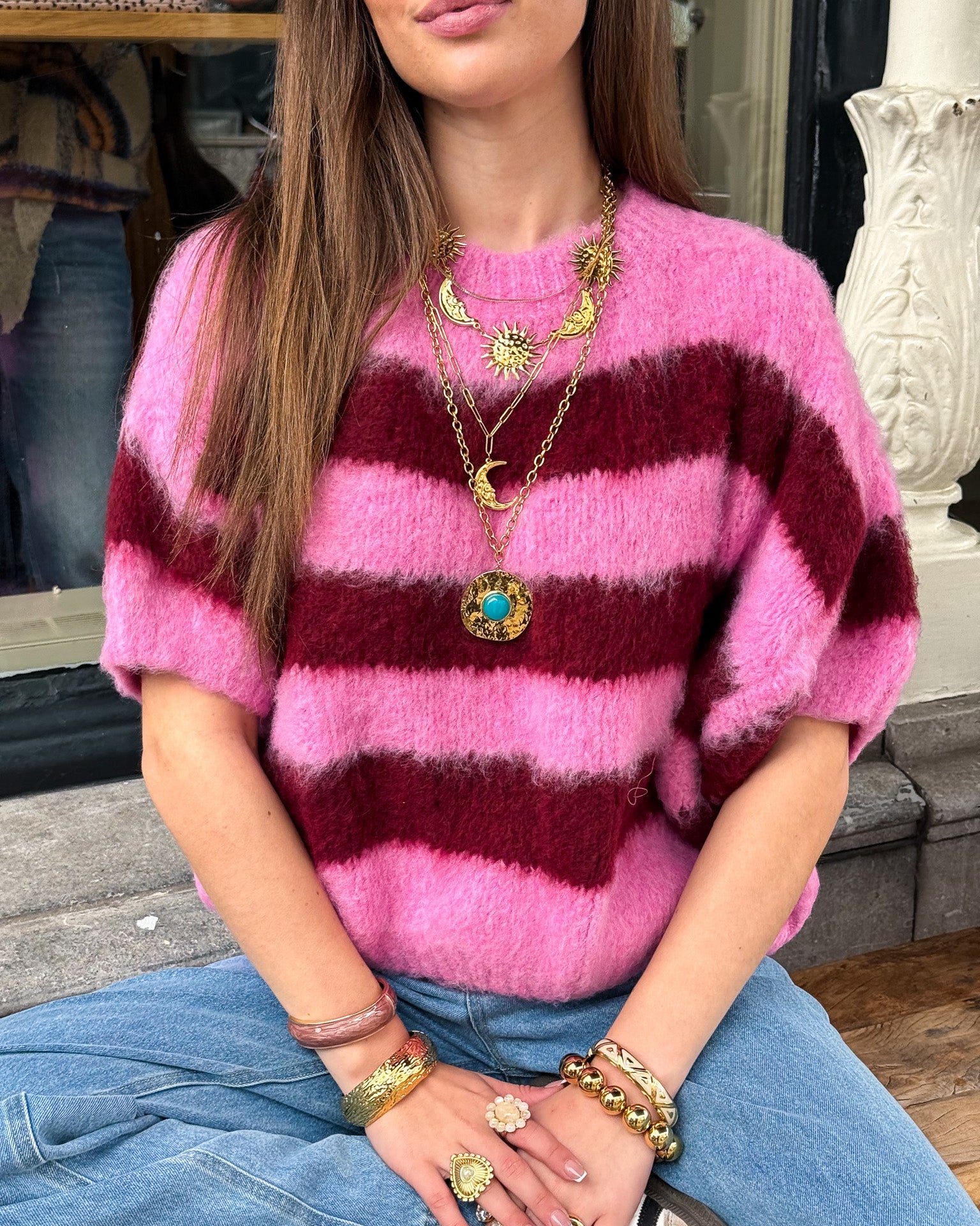 Drew Gestreepte Trui Bordeux/Roze