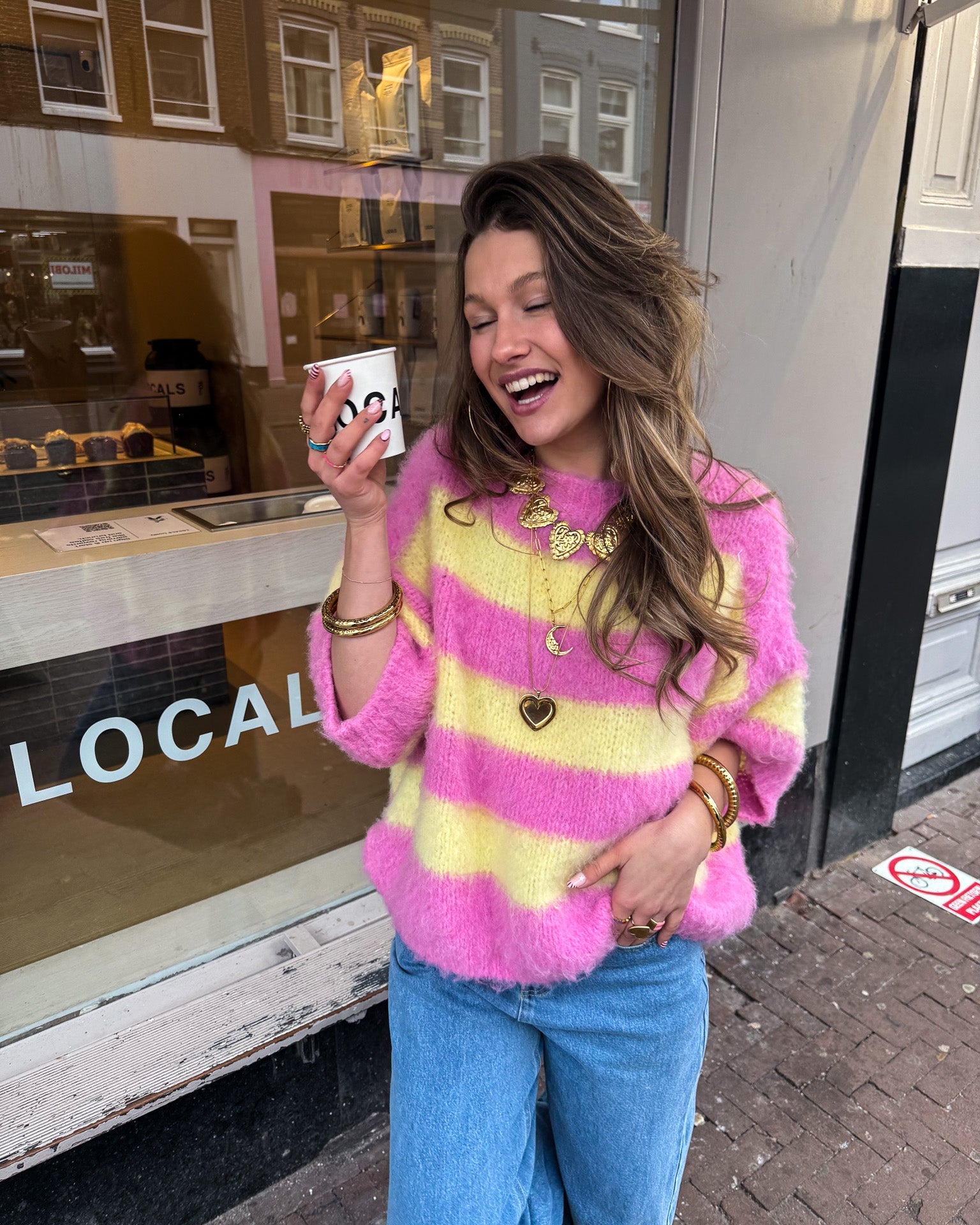 Drew Gestreepte Trui Roze/Lichtgeel