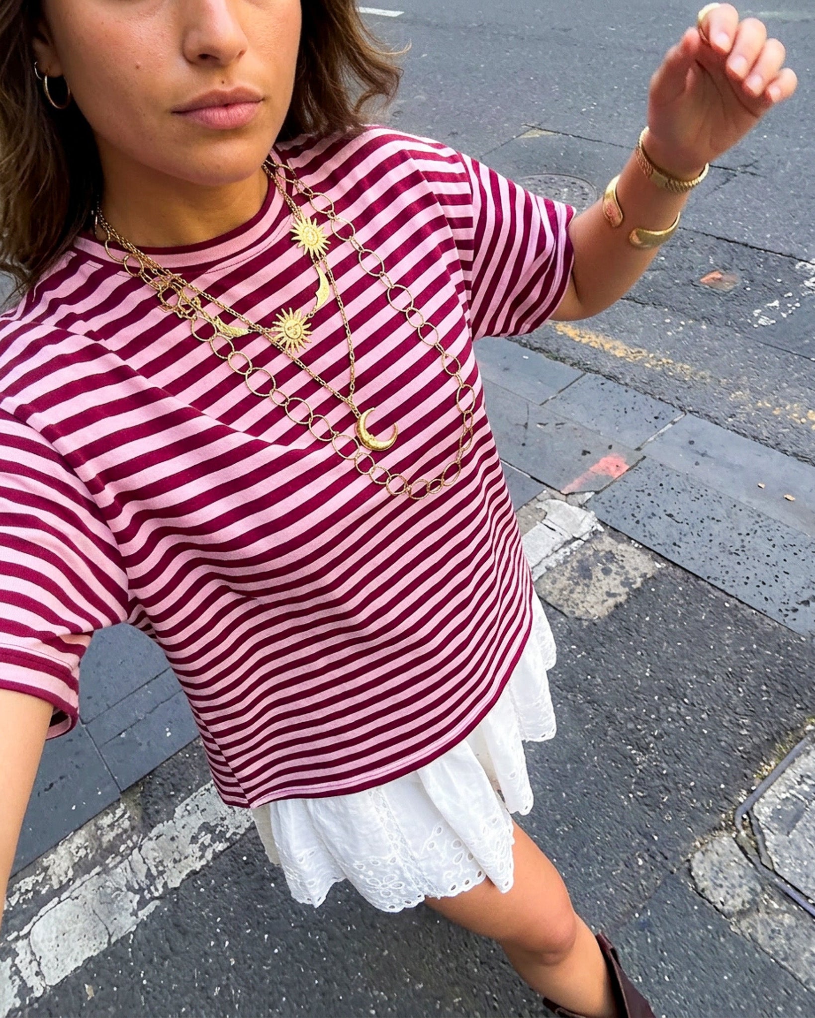 Fem Streep T-Shirt Bordeaux Roze