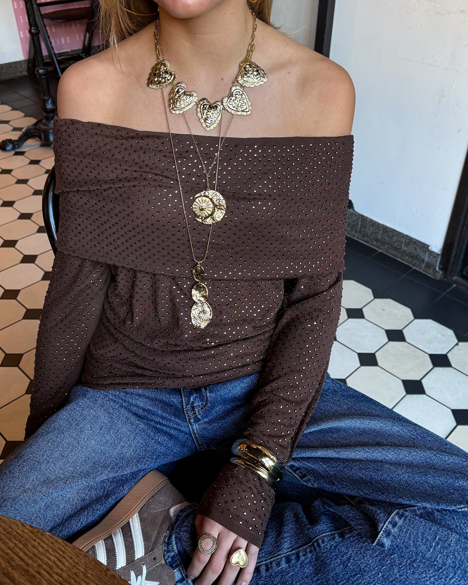 Femme Off Shoulder Top Brown Sparkle