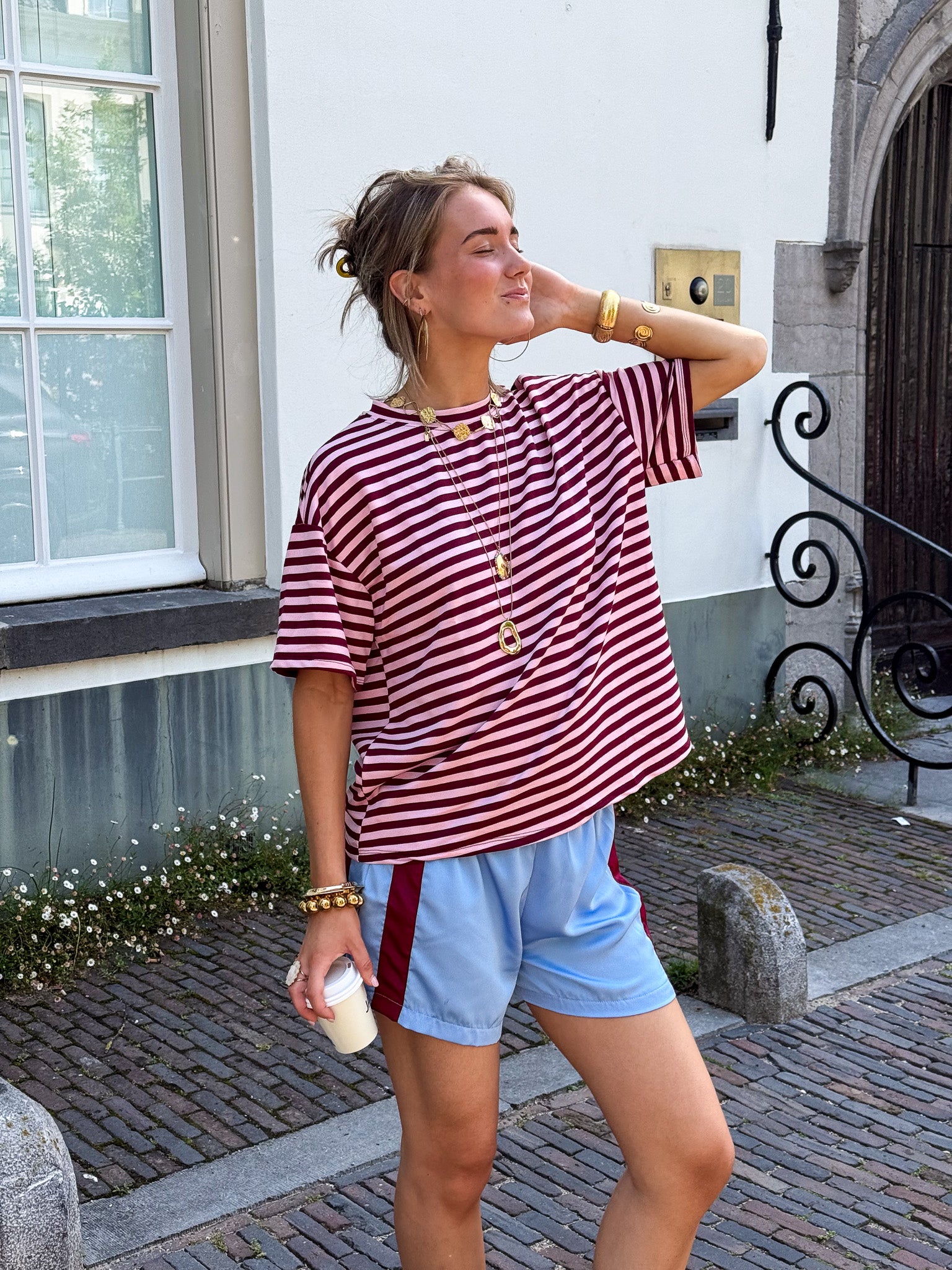 Fem Streep T-Shirt Bordeaux Roze