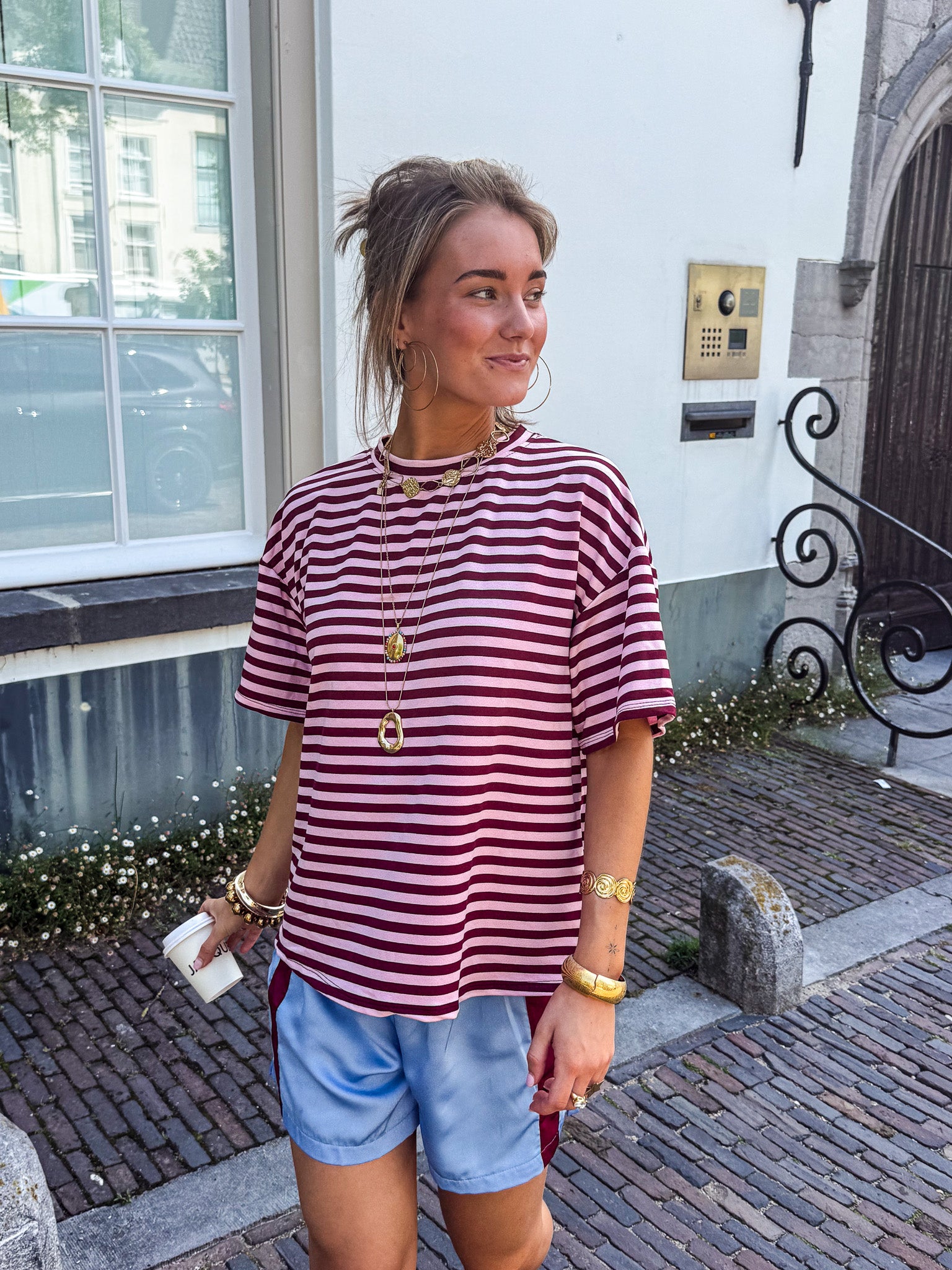 Fem Streep T-Shirt Bordeaux Roze