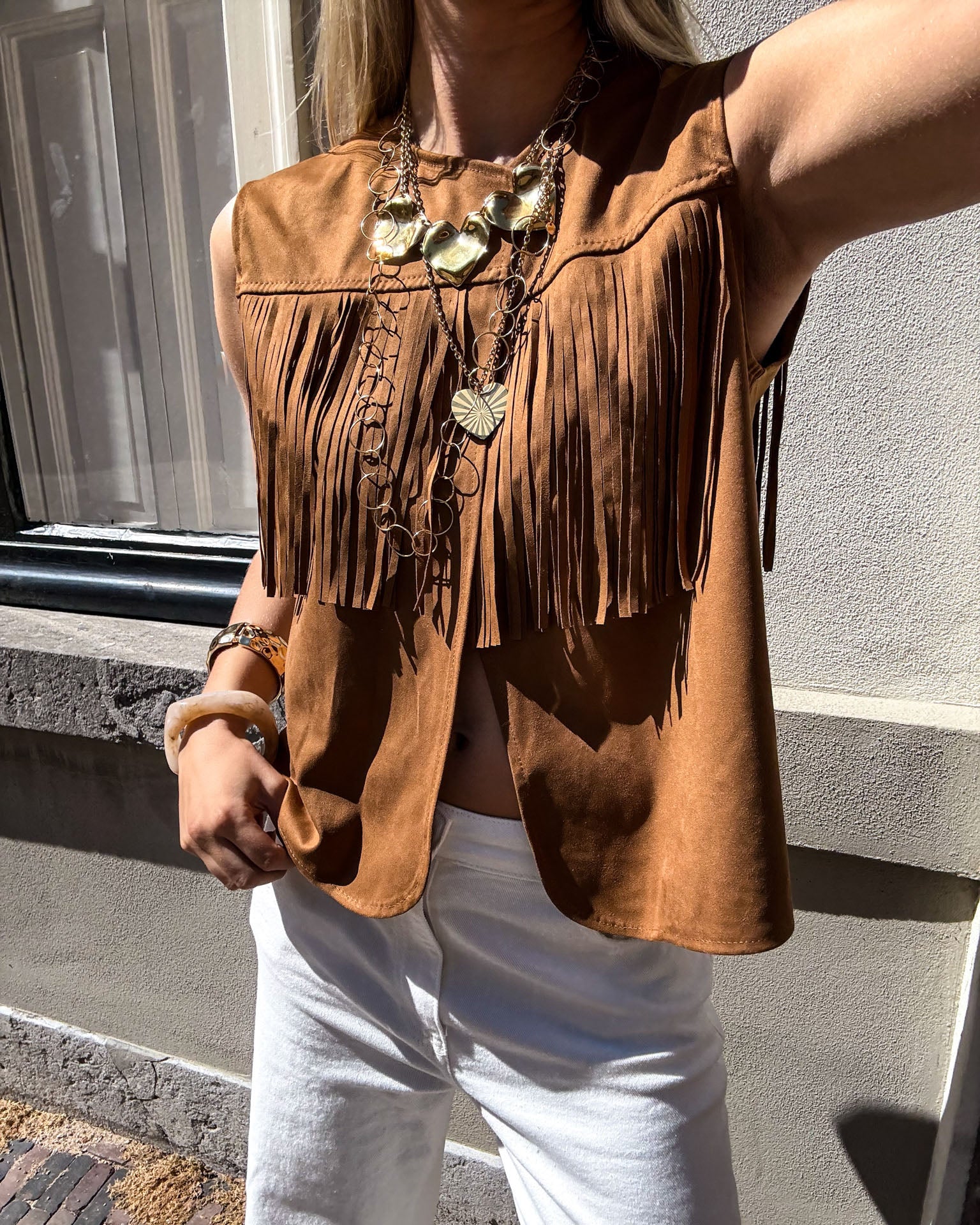 Gabriella Fringe Gilet Camel
