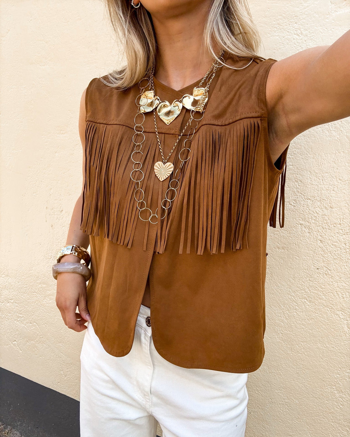 Gabriella Fringe Gilet | Camel