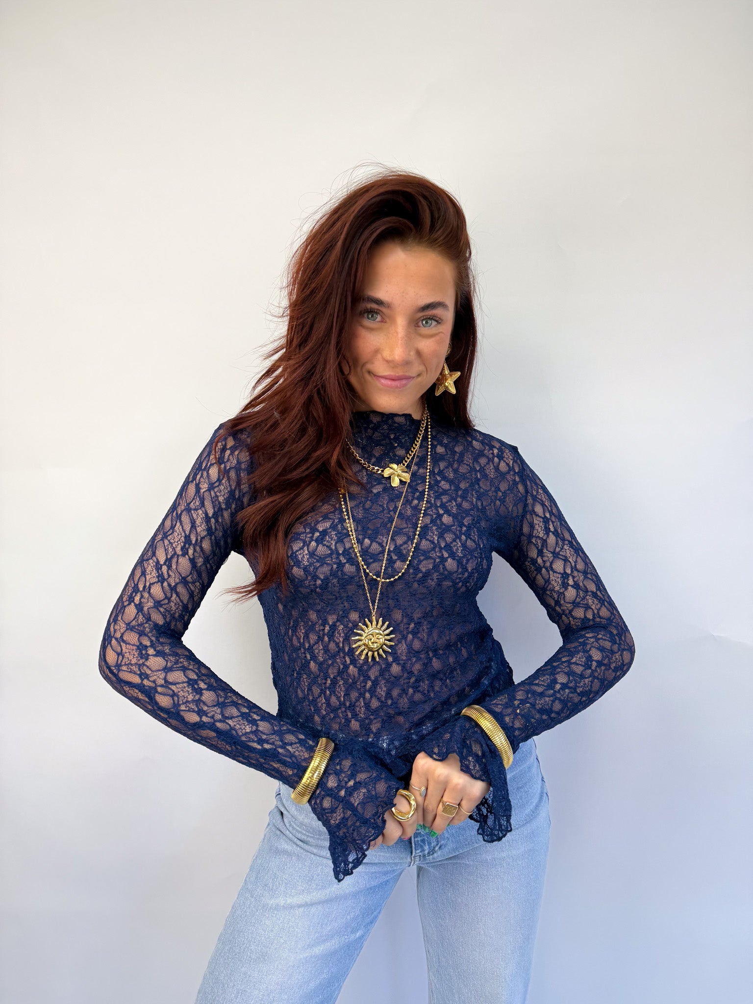 Jade Lace Longsleeve Top Navy