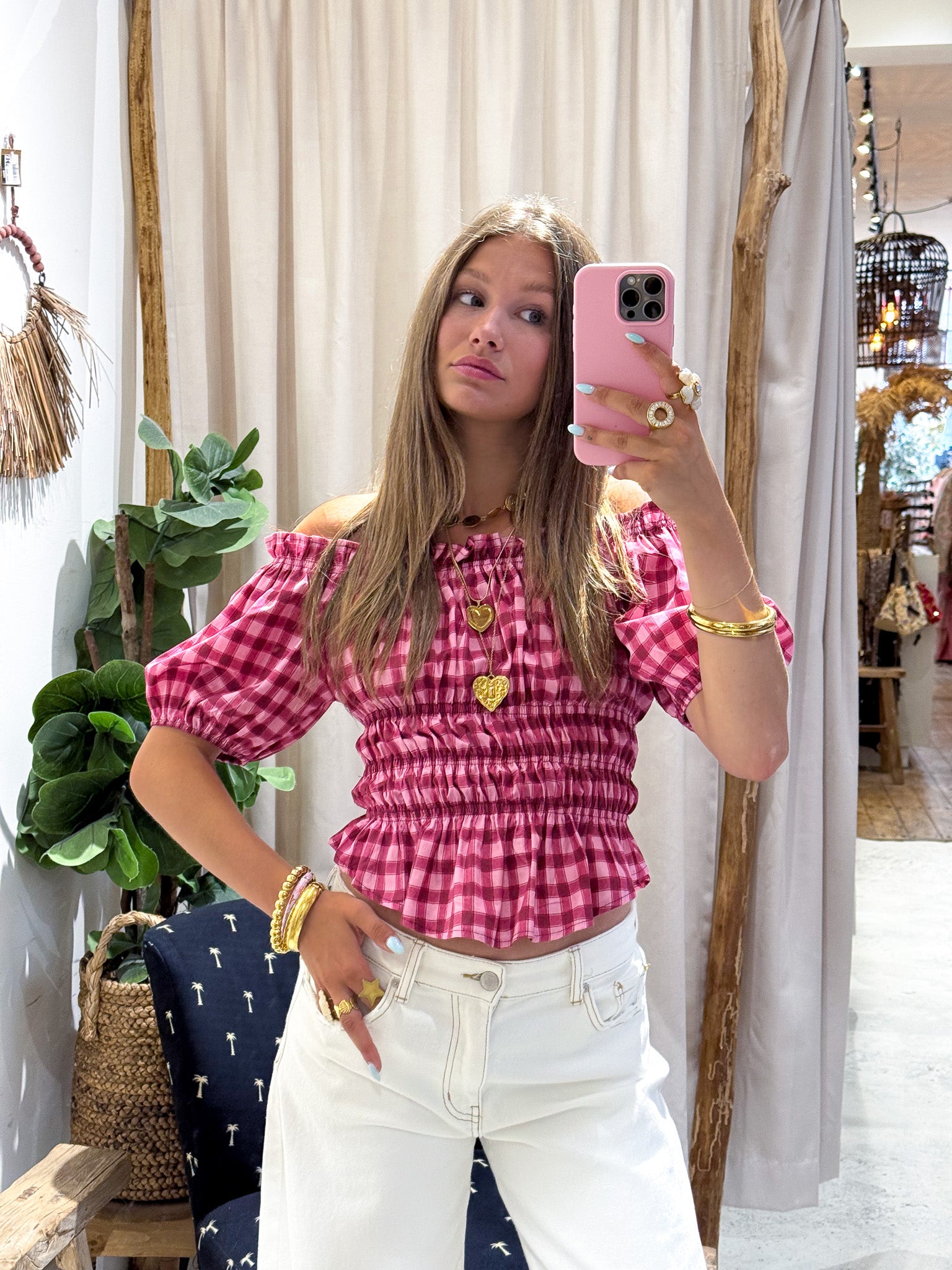Lien Geruite Top Bordeaux Roze