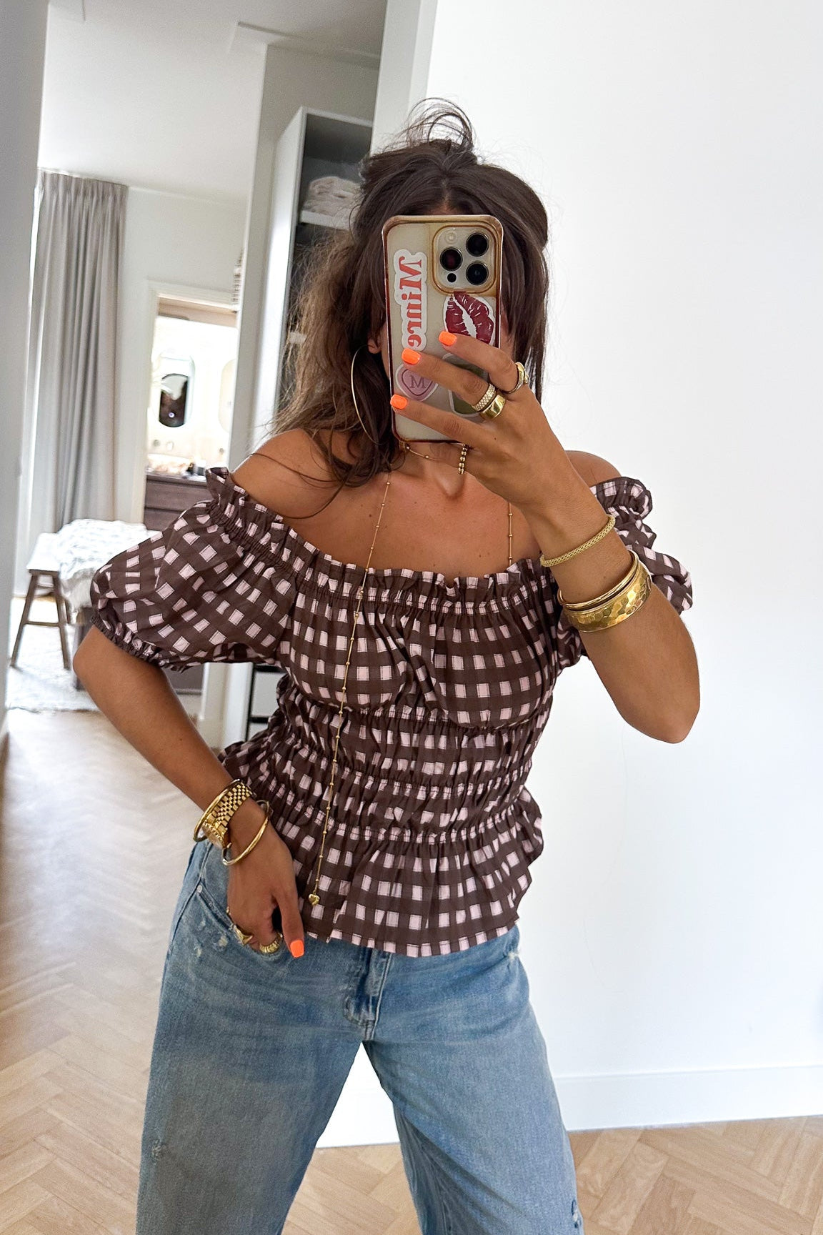 Lien Checkered Top Marron