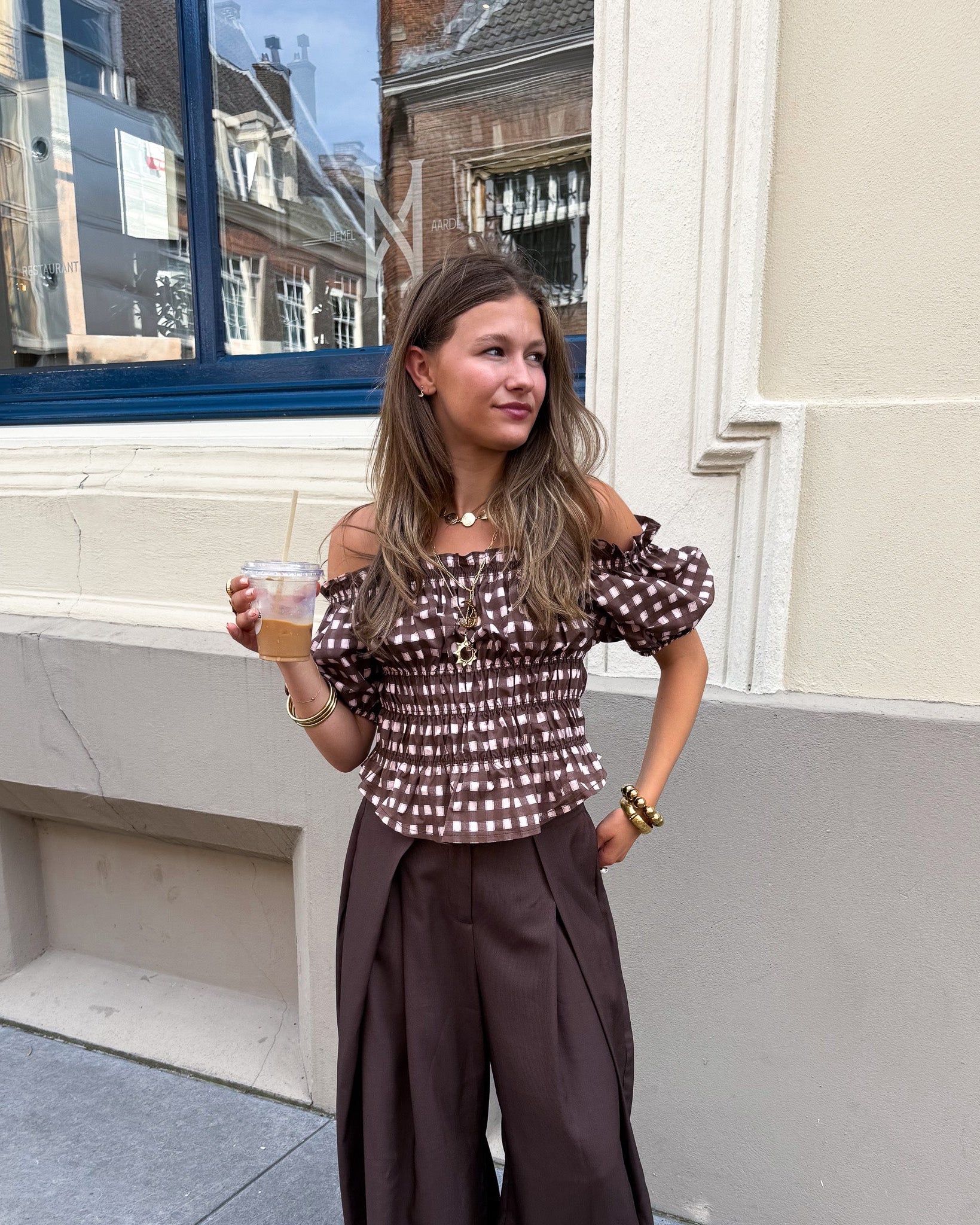 Lien Geruite Top Bruin