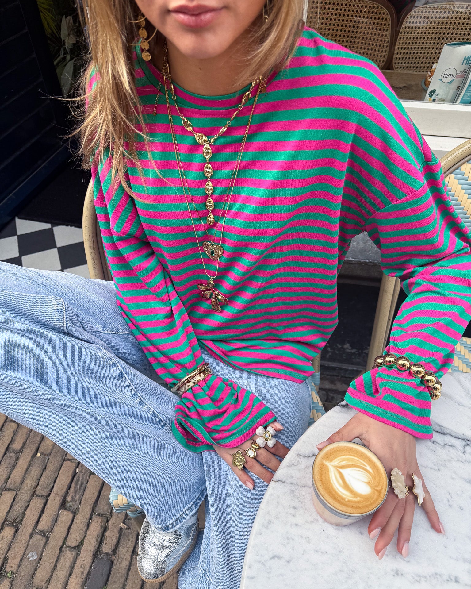 Mave Gestreepte Top Groen Roze