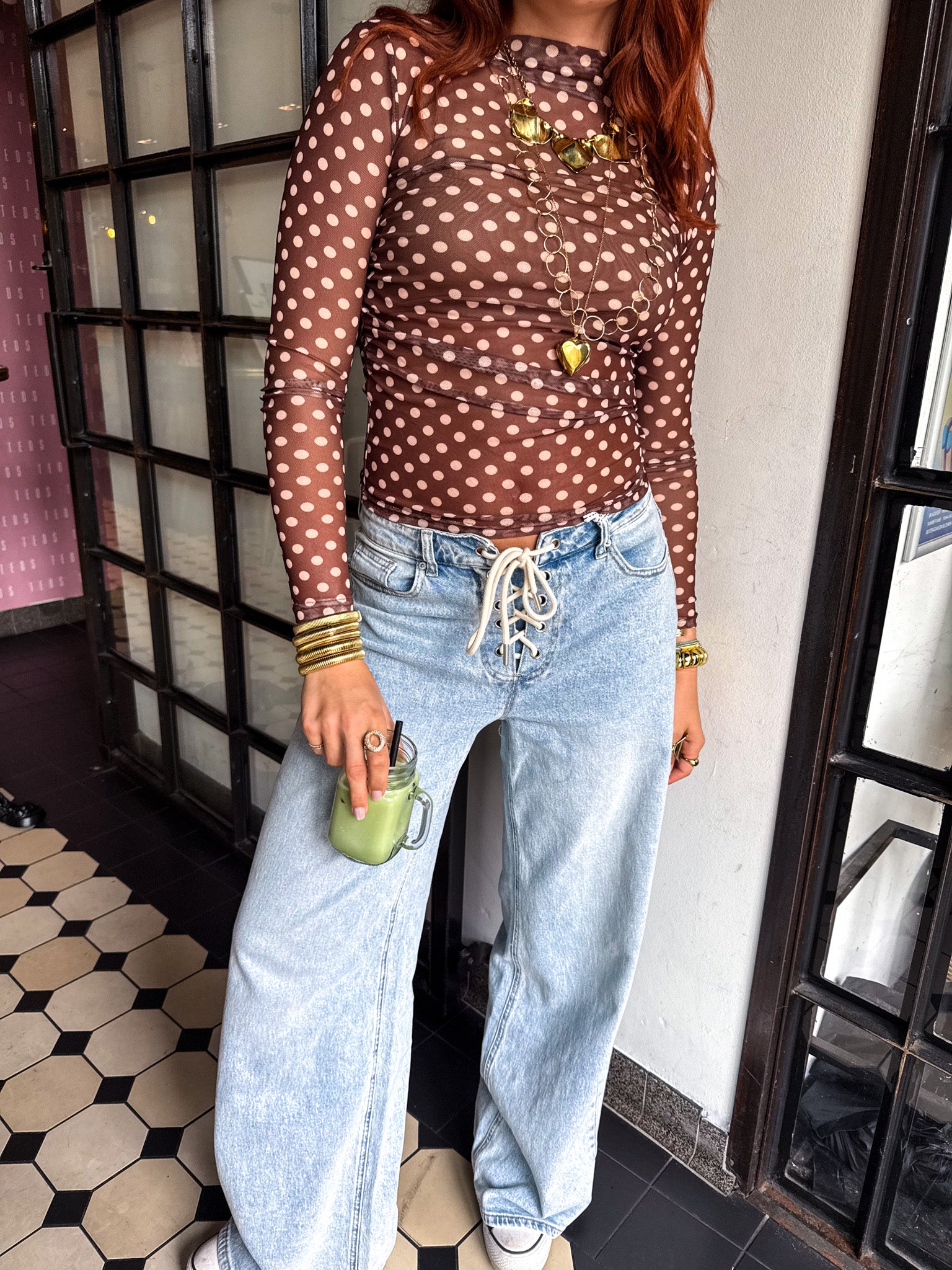 Mesh Top Dots Brown