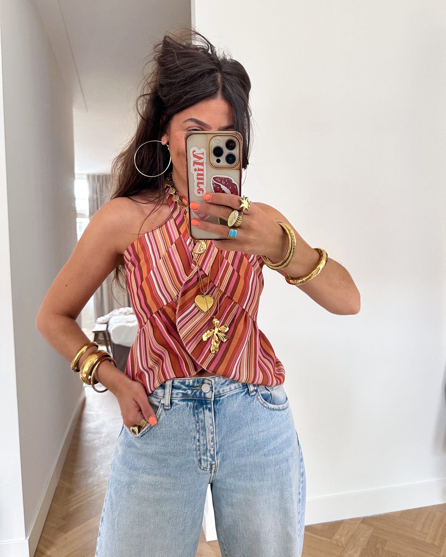 Moos Streep Halter Wrap Top Roze