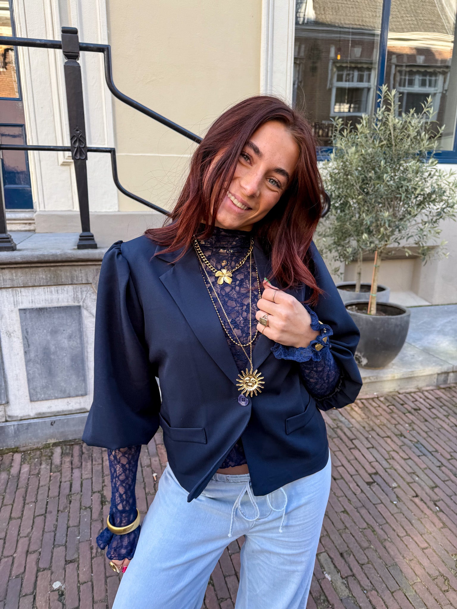 Jade Lace Longsleeve Top Navy