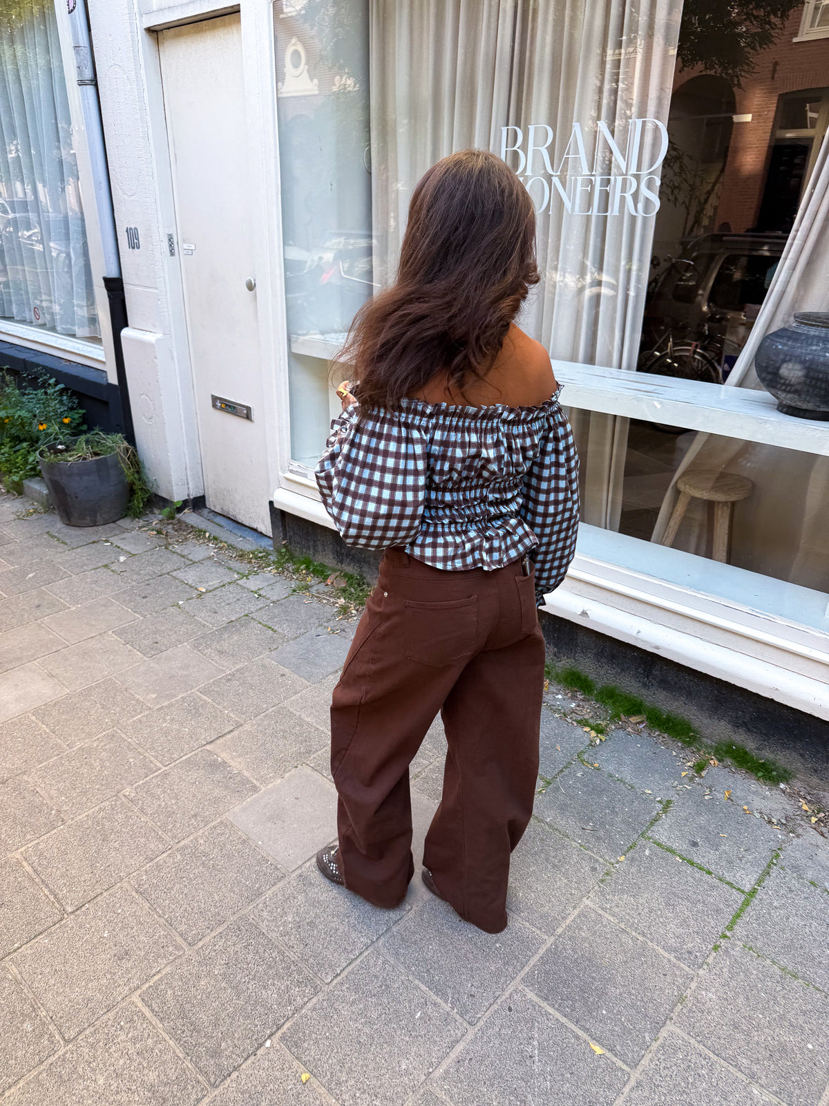 Nori Geruite Top Blauw