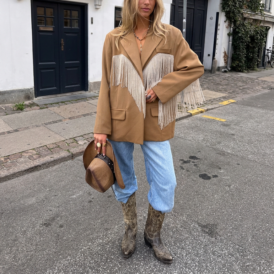 Ody Fringe Blazer Camel