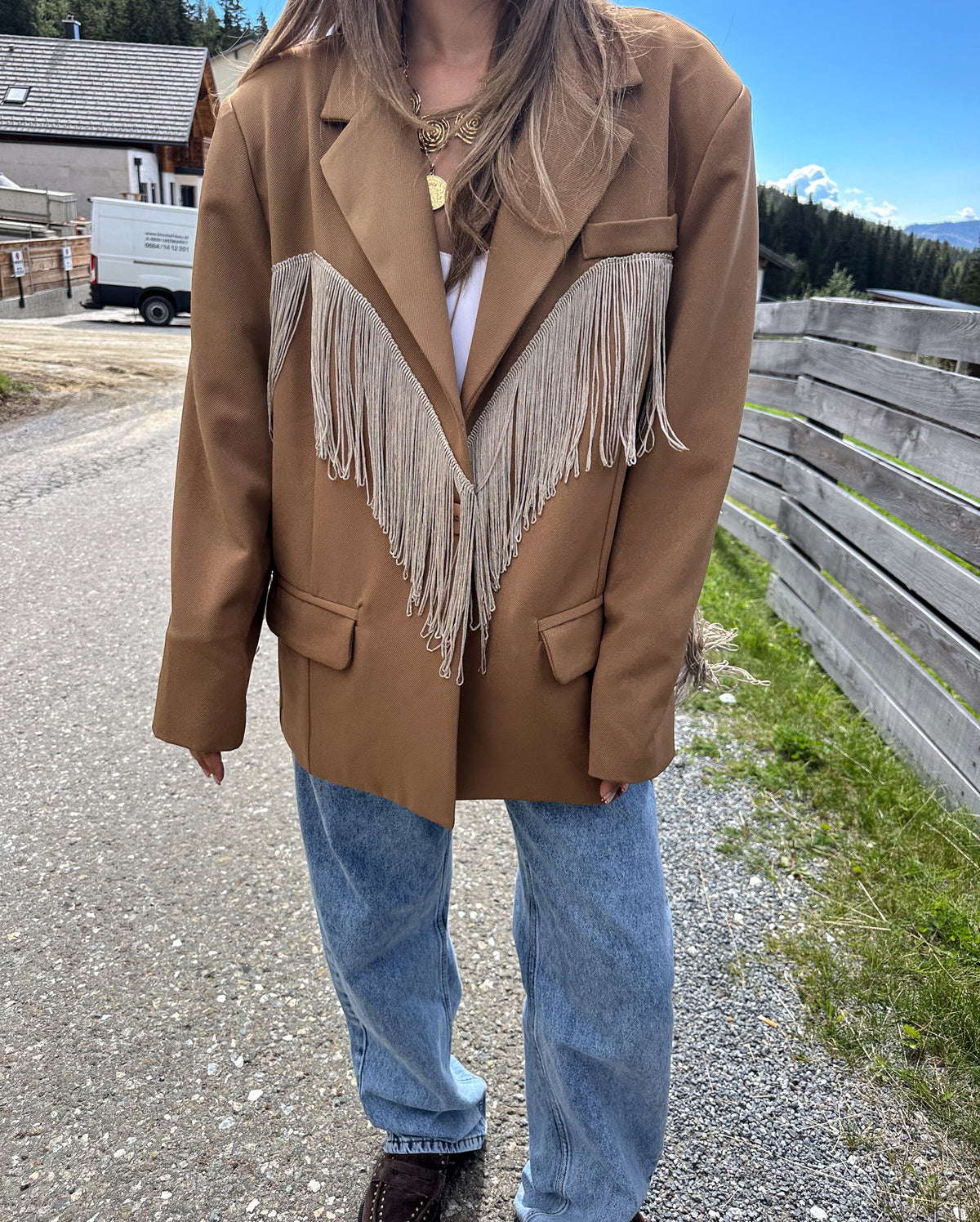 Ody Fringe Blazer Camel