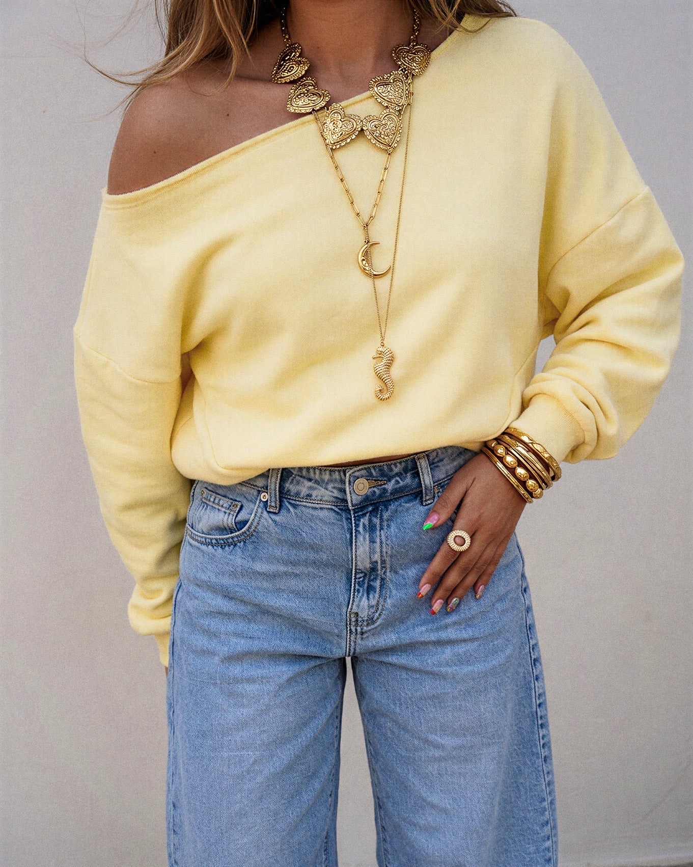 Riz Off Shoulder Trui Geel