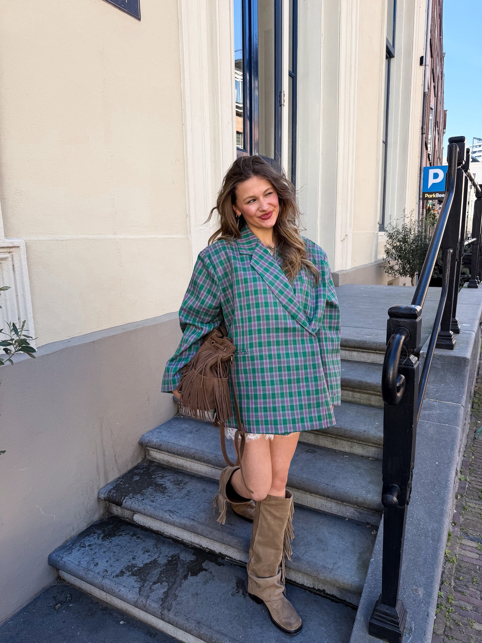 Saint Oversized Blazer Geruit Groen Roze