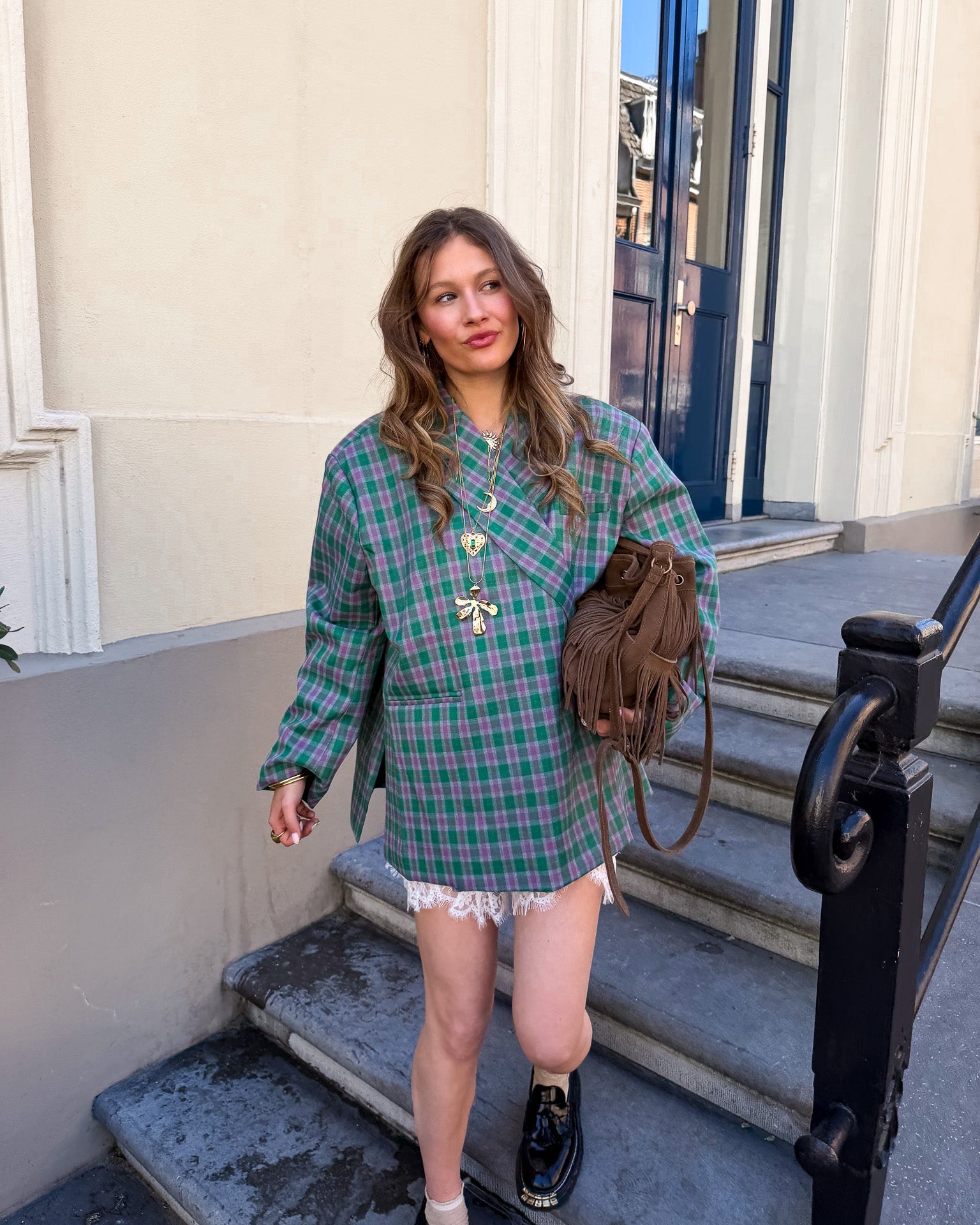 Saint Oversized Blazer Geruit Groen Roze