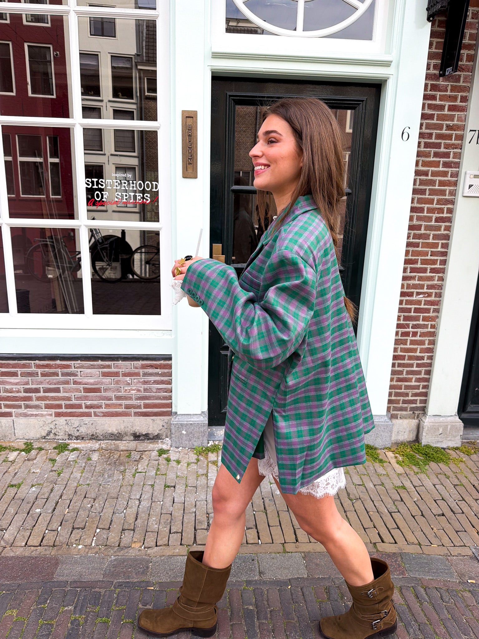 Saint Oversized Blazer Geruit Groen Roze