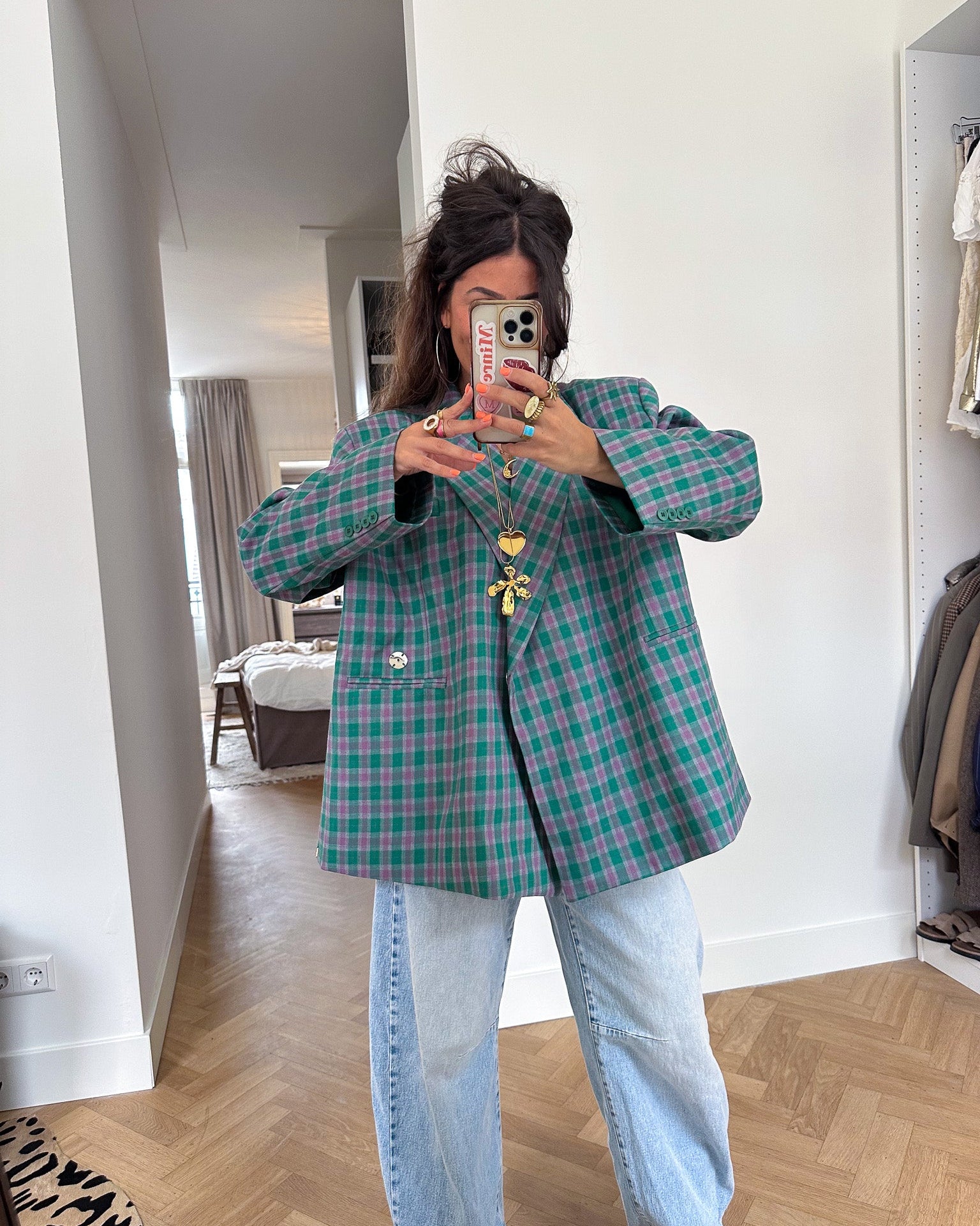 Saint Oversized Blazer Geruit Groen Roze